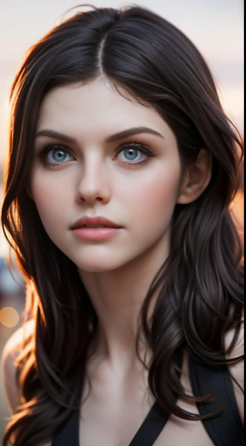 photo of Alexandra Daddario, RAW, beautiful woman, ((portrait)), ((detailed face:1.2)), ((detailed facial feature, detailed tannedskin, clear skin), (perfect proportioned body), (wearing a colorful dress) (high detailed city environment, apartment balcony), (realistic photo, best quality, detailed), (8k wallpaper), (cinematic lighting, dramatic lighting) (sharp focus, intricate)