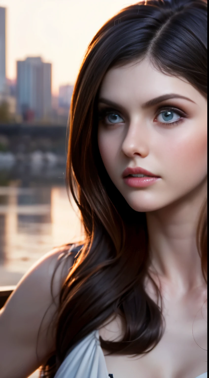 photo of Alexandra Daddario, RAW, beautiful woman, ((portrait)), ((detailed face:1.2)), ((detailed facial feature, detailed tannedskin, clear skin), (perfect proportioned body), (wearing a colorful dress) (high detailed city environment, apartment balcony), (realistic photo, best quality, detailed), (8k wallpaper), (cinematic lighting, dramatic lighting) (sharp focus, intricate)