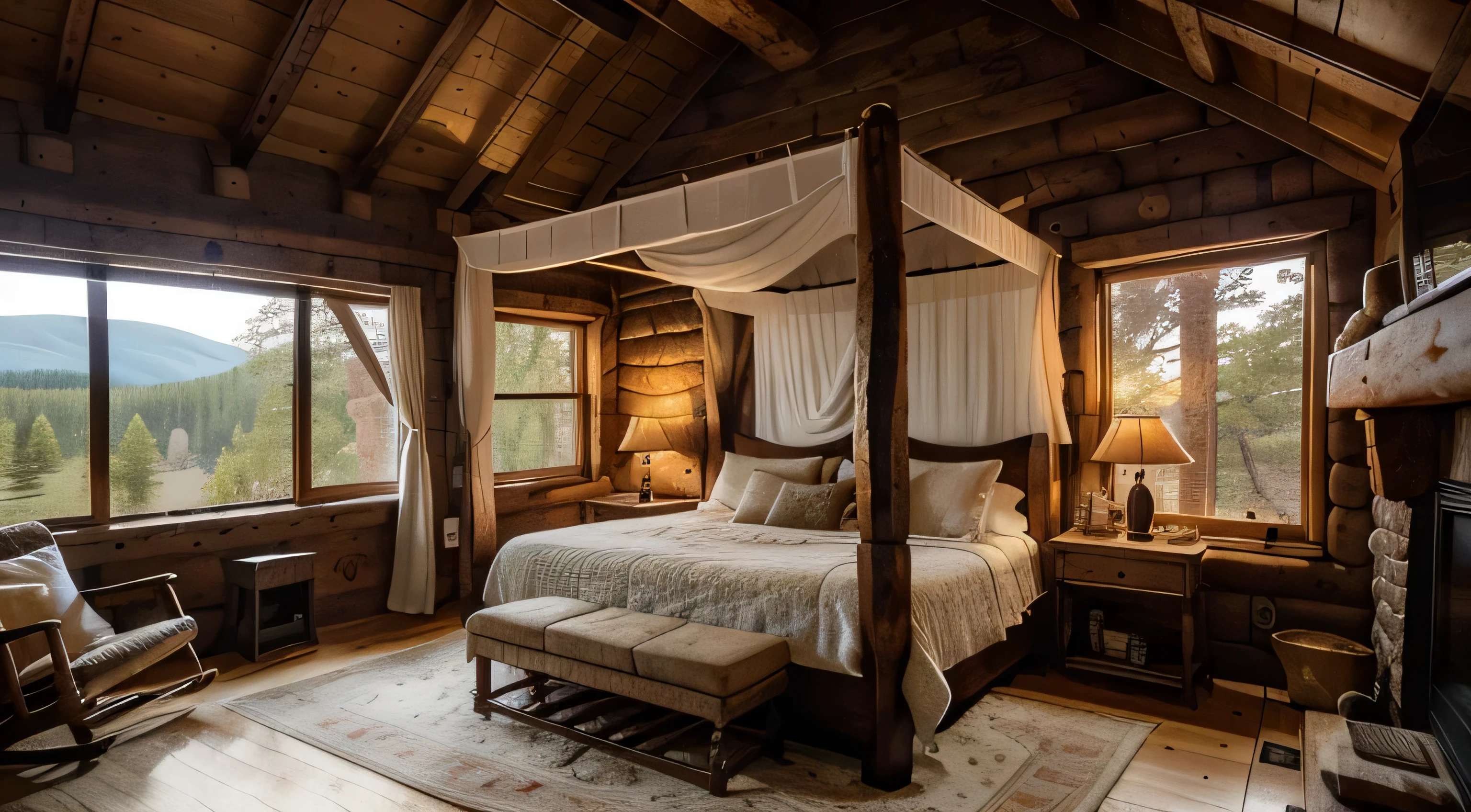 The bed is positioned under a large window that looks out onto a forest. The bed is made up with a soft,  white blanket and pillows. A fire is burning in the fireplace,  providing a warm and inviting atmosphere.
The room is decorated in a rustic style with wooden furniture and accents. There is a small table next to the bed with a lamp and a book. A rug covers the floor,  adding a touch of warmth and comfort.
The overall impression of the room is one of peace and tranquility. It is a place where one can relax and escape from the hustle and bustle of everyday life.
The cabin is located in a remote area,  surrounded by trees and mountains.
The window is made of large,  clear panes of glass,  providing a panoramic view of the surrounding landscape.
The fireplace is made of stone and has a large,  open hearth.
The bed is a four-poster bed with a canopy.
The table next to the bed is made of wood and has a simple design.
The rug on the floor is made of wool and has a natural,  earthy pattern.