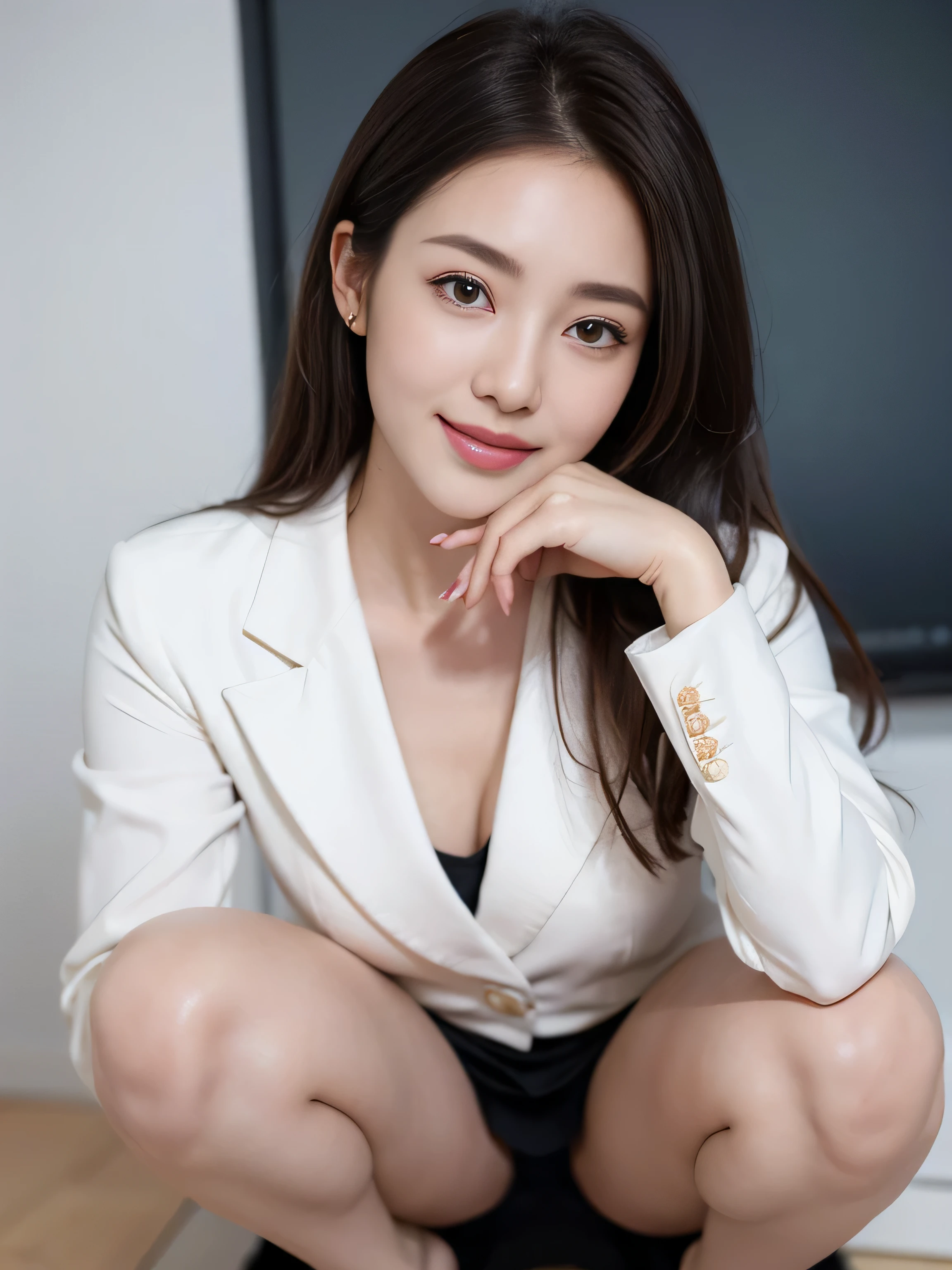 (8K high image quality), (top-quality), (RAW image quality),(masutepiece:1.2), (Realistic), (Photorealistic:1.37), largeeyes,long eyelasher,Precise action and realistic style）,The Ultimate Face,Photorealistic, Light and shadow,Clear facial features,milky skin,Fair skin, highdetailskin,Realistic skin details,Visible Pore,（Super Detail）,Hair length is random, （Flowing hair）,Best portraits,Shooting from a distance, Only one girl, Cute,Beautiful detailed eyes, beautiful detailed nose, highlydetailed skin) ,(Beautiful face with double eyelids), (Realism: 1.4),,delicate and beautiful face,,25-years old,(Beautiful Face 1.4),A slender, (Wearing an office lady suit and skirt:1.2),((In the office of the company)),,Natural smile,(,Looks fun),Medium Hair,,((Wearing an office lady suit and skirt)),Very beautiful legs,(((squatting on viewer))),((Smile at your audience)),The color of the panties is white,Very attractive smile,Sit with both knees upright,((Squatting down to show off her white panties)),(((Squats with legs slightly spread))),Gesture of putting a hand on the cheek