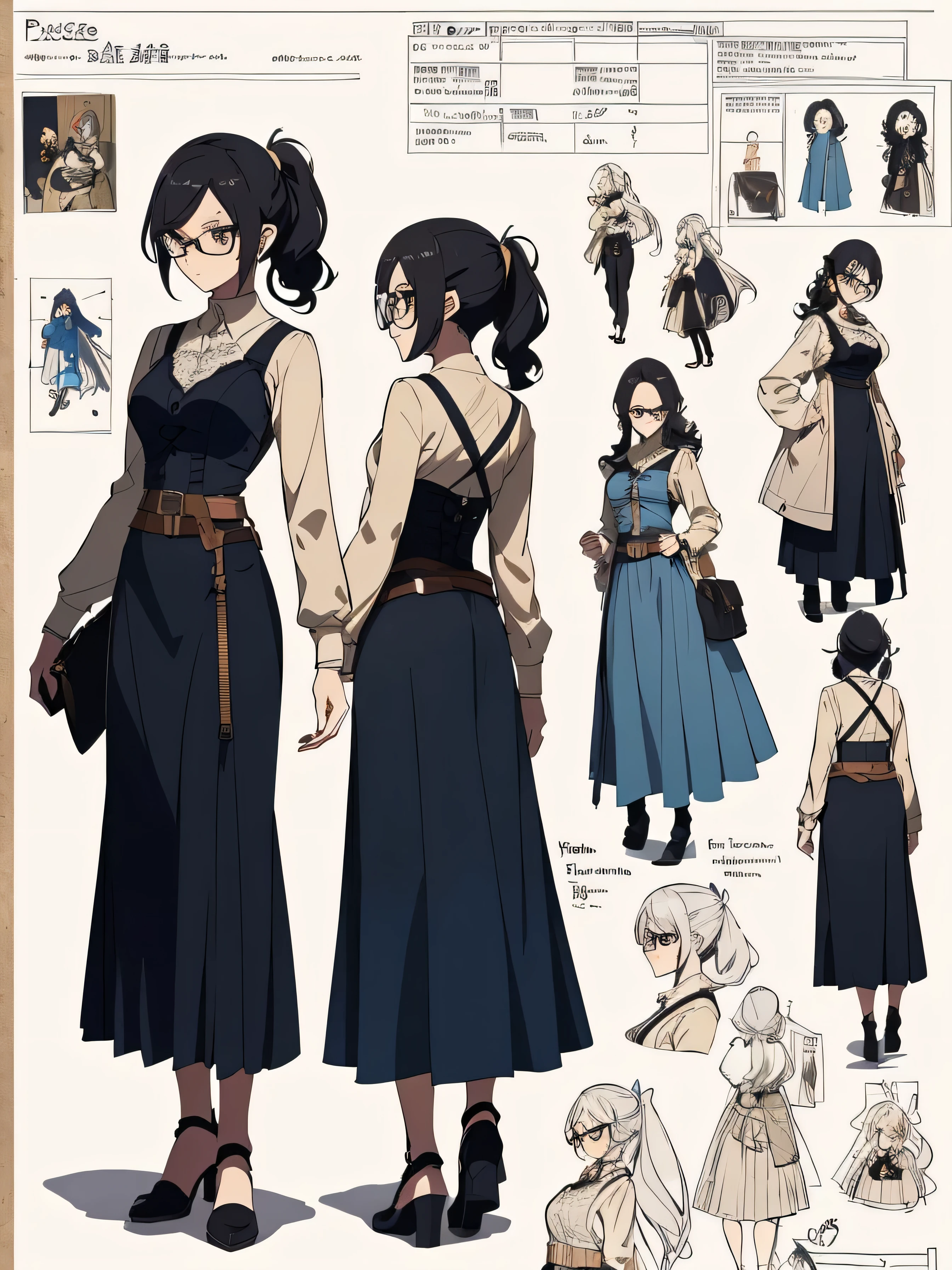 ((masutepiece)),(((Best Quality))),(CharacterDesignSheet, Same character, front, Side, Back), Elven Woman, Glasses, Black hair, Curly hair, Ponytail, moderate eyes, Thicker eyebrows，Lace, corsets, Bright blue, blue Long skirt, Long skirt, satchel, Pouch at waist, Harnes, toolbelt, Tools