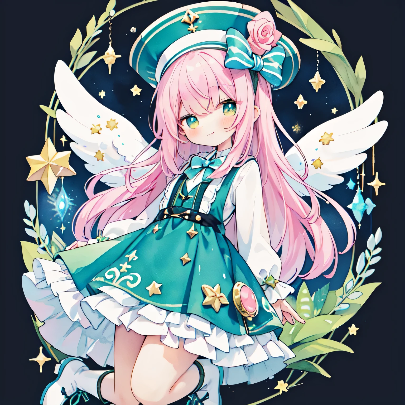 (PastelColors:1.3)、(Cute illustration:1.3)、(watercolor paiting:1.1)、white backgrounid:1.3、jumpping、levitation、A smile、Aster Harmony Garden Sprite,Pink longhair、Golden Eyes:1.8、magician、Sorcerer、black and light blue ruffle dress、through a bow tie、White checkered top hat with white long glow black and pocket watch decoration、Star Wand、Green tie track boots with stripes on the back、one white winged、
Moist makeup with pastel eyeshadow,
Add glitter and petal accents to the cheeks,bilaterally symmetrical