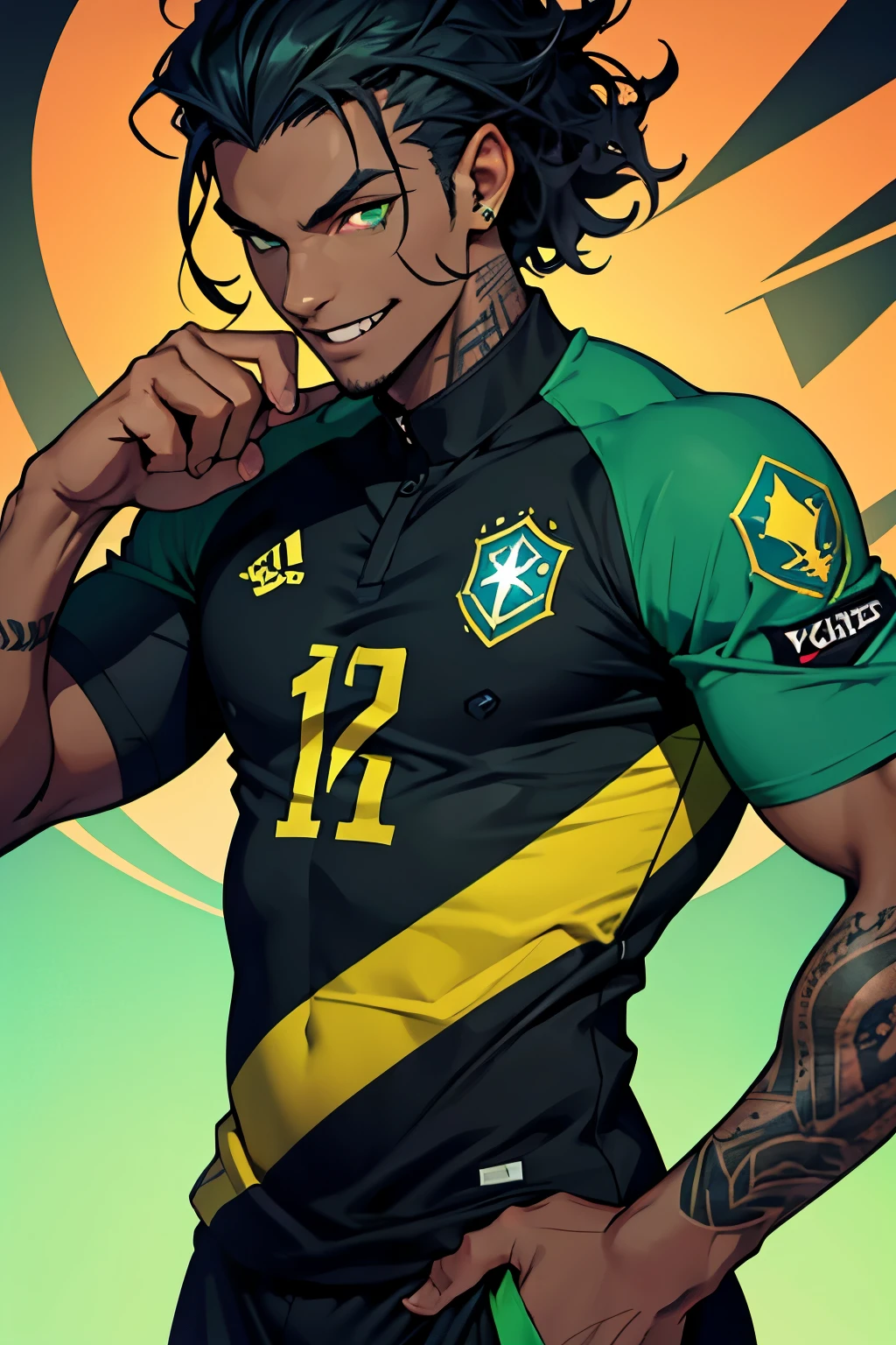 Black young man, black and dark blue hair, soccer player uniform, smile, Tall, Beautiful green eyes, short hair, curly hair, arm tattoo, evil eyes, evil smile, beautiful eyes, Brazil