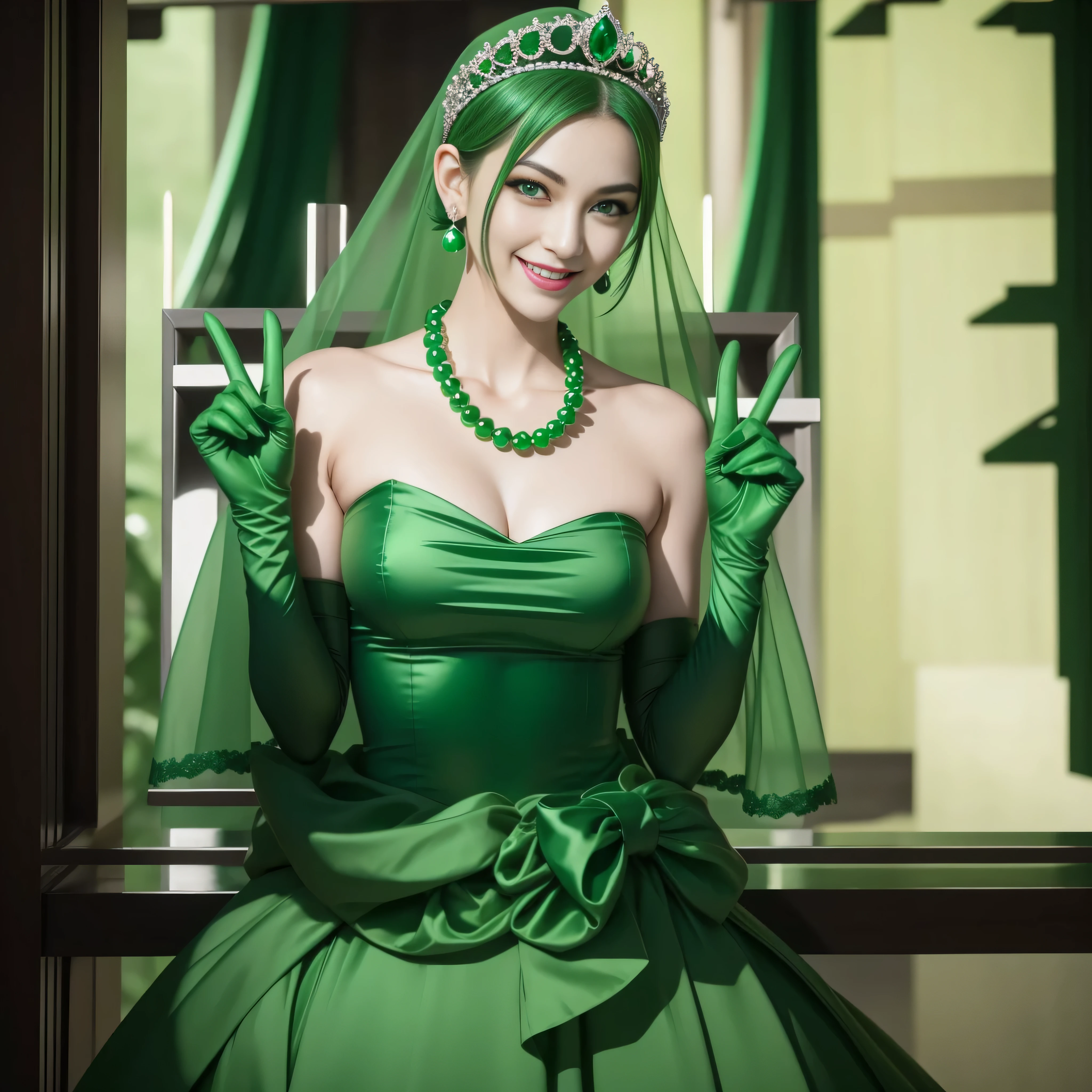 emerald tiara, Green Pearl Necklace, Boyish very short green hair, lipsticks, Japan woman smiling, very short short hair, big breasts beautiful, Green eyes, Long green gloves made of satin material, Green eyes, Emerald Earrings, green vale, v sign