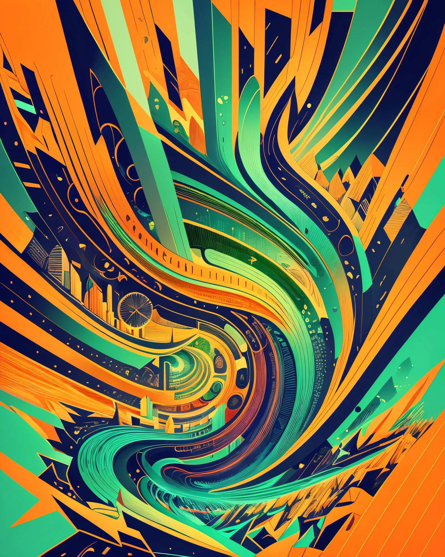 Creative illustration of code world, digital art style by dan mumford, alex janvier, sketch, blue green and orange outlines, metalique texture, high definition, intricat details, bright colors, logo style, negative space --auto --s2