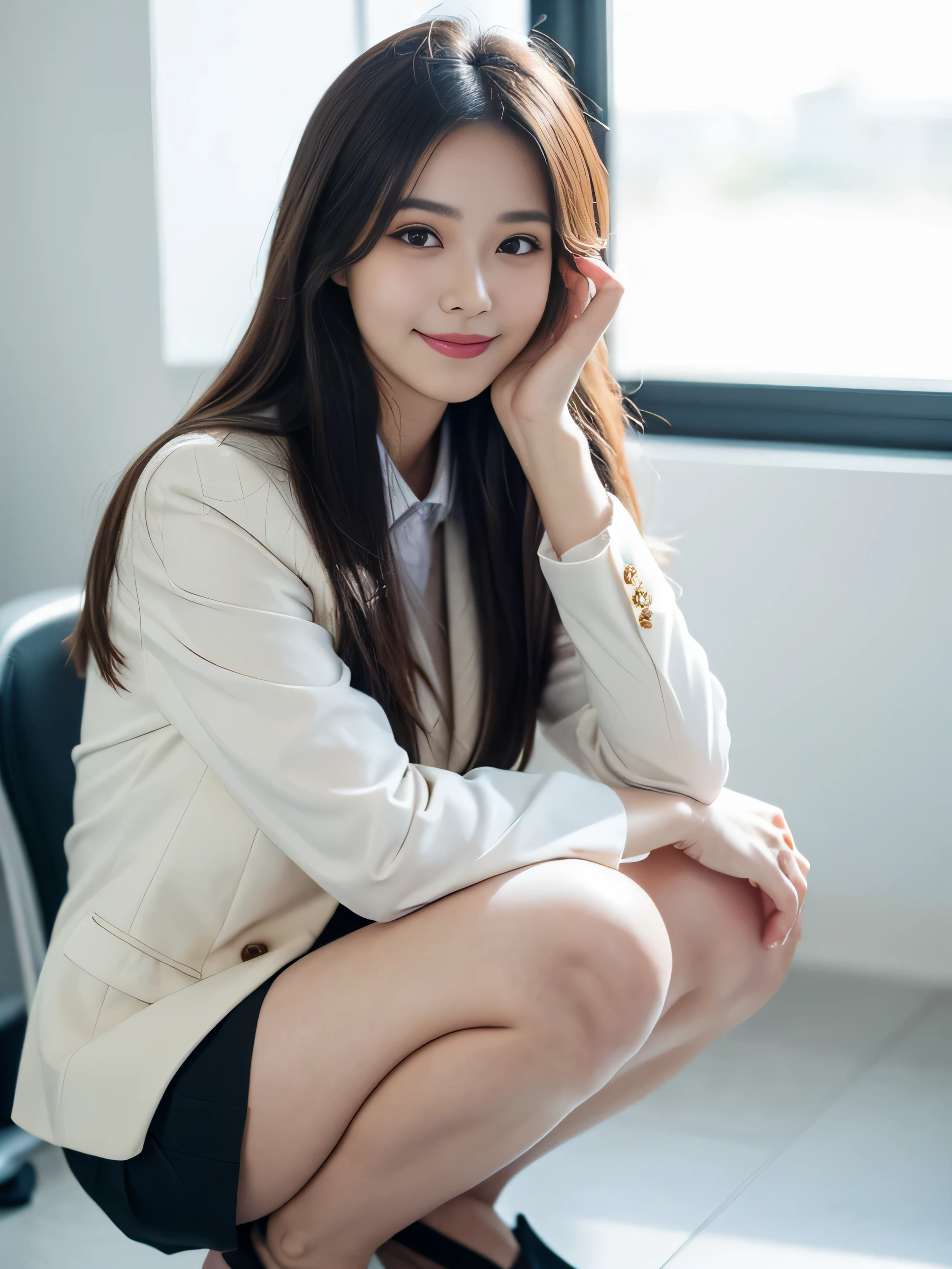 (8K high quality), (highest quality), (RAW image quality),(muste piece:1.2), (Reality), (It's photorealistic:1.37), large eyes,long eyelashes,Precise action and realistic style),ultimate face,It's photorealistic, light and shadow,clear facial features,milky white skin,fair skin, glossy skin, high detail skin,Reality skin details,visible pores,(super detail),hair length is random, (flowing hair),best portrait,Photographed from a distance, only one girl, cute type,beautiful detailed eyes, beautiful detailed nose, highly detailed skin) ,(Beautiful face with double eyelids), (Realism: 1.4),,delicate and beautiful face,,25 years old,(beautiful face 1.4),slender, (Wearing an office lady suit and skirt:1.2),((at the company office)),,natural smile,(,Looks like fun),medium hair,,((Wearing an office lady suit and skirt)),very beautiful legs,(((squat to the viewer))),((smile at the audience)),The color of the panties is white,very charming smile,sit with both knees up,((Squat down and show off your white panties)),(((Squat with legs slightly spread))),gesture of placing hand on cheek
