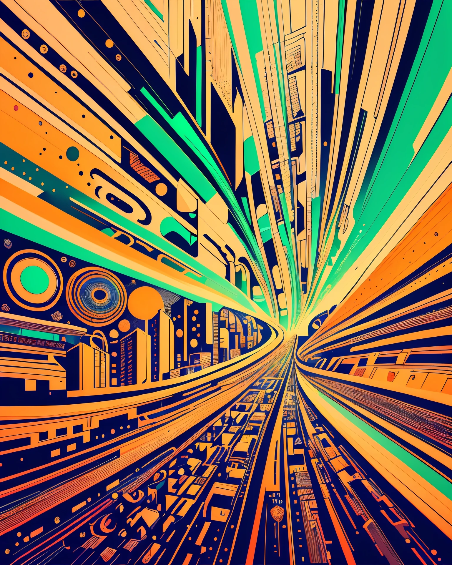 Creative illustration of code world, digital art style by dan mumford, alex janvier, sketch, blue green and orange outlines, metalique texture, high definition, intricat details, bright colors, logo style, negative space --auto --s2