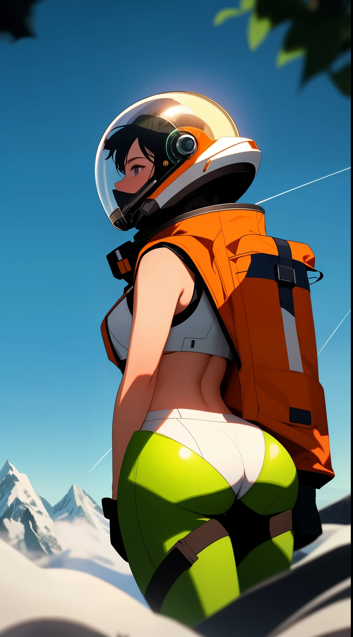 Highly detailed RAW color Photo, Rear Angle, Full Body, of (female space soldier, wearing orange and white space suit, helmet, tined face shield, rebreather, accentuated booty), outdoors, (looking up at advanced alien structure, on alien planet), toned body, big butt, (sci-fi), (mountains:1.1), (lush green vegetation), (two moons in sky:0.8), (highly detailed, hyperdetailed, intricaens flare:0.7), (bloom:0.7), particle effects, raytracing, cinematic lighting, shallow depth of field, photographed on a Sony a9 II, 50mm wide angle lens, sharp focus, cinematic film still from Gravity 2013