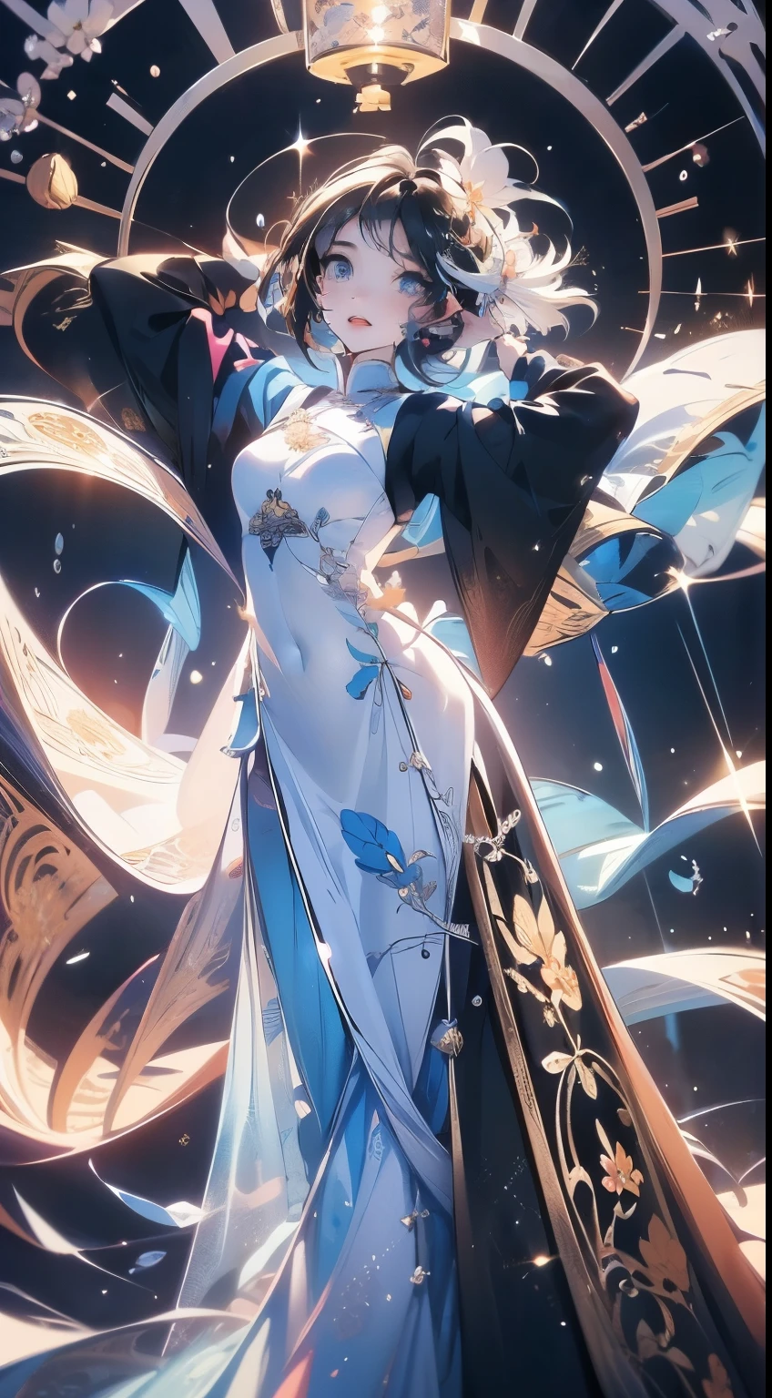 masterpiece , detailed image , detailed eyes , beautiful eyes , detailed hair , detailed hands , normal hands , detailed fingers , normal fingers , 1girl , solo , 19 year old girl , beautiful girl , cute girl , (Platinum color eyes:1.5), sparkling eyes, bright eyes, (short hair:1.5), waist length hair, ((Black-colored hair:1.5)), (bangs hairs:1.5), (happy expression:1.5), big smile, cute emotion, big eyes , ((wearing an oversized White-colored innovative Ao dai :1.5 )), a cute innovative Ao dai,Modern design of Ao dai, (Decorative motifs on the ao dai use Oxford Blue color:1.5) , (Aodai clothes:1.5) ,The ao dai has some Orange (web) colors to decorate it, Cute action, lovely pose, (white background:1.5), cinema light background, blurred background , cowboy shot , look the viewer