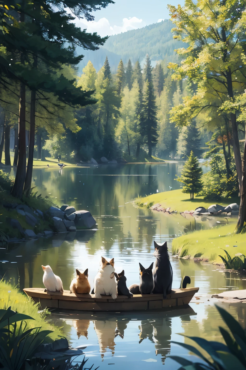 5 different animals partying in the forest, by the lake