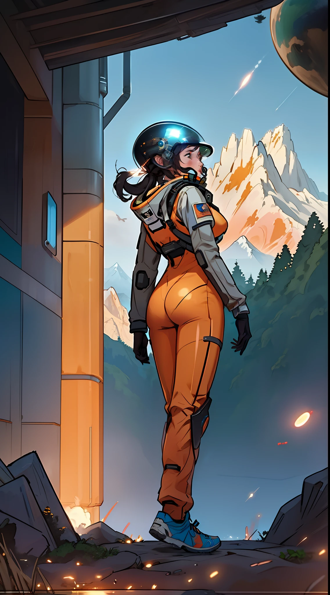 Highly detailed RAW color Photo, Rear Angle, Full Body, of (female space soldier, wearing orange and white space suit, helmet, tined face shield, rebreather, accentuated booty), outdoors, (looking up at advanced alien structure, on alien planet), toned body, big butt, (sci-fi), (mountains:1.1), (lush green vegetation), (two moons in sky:0.8), (highly detailed, hyperdetailed, intricaens flare:0.7), (bloom:0.7), particle effects, raytracing, cinematic lighting, shallow depth of field, photographed on a Sony a9 II, 50mm wide angle lens, sharp focus, cinematic film still from Gravity 2013