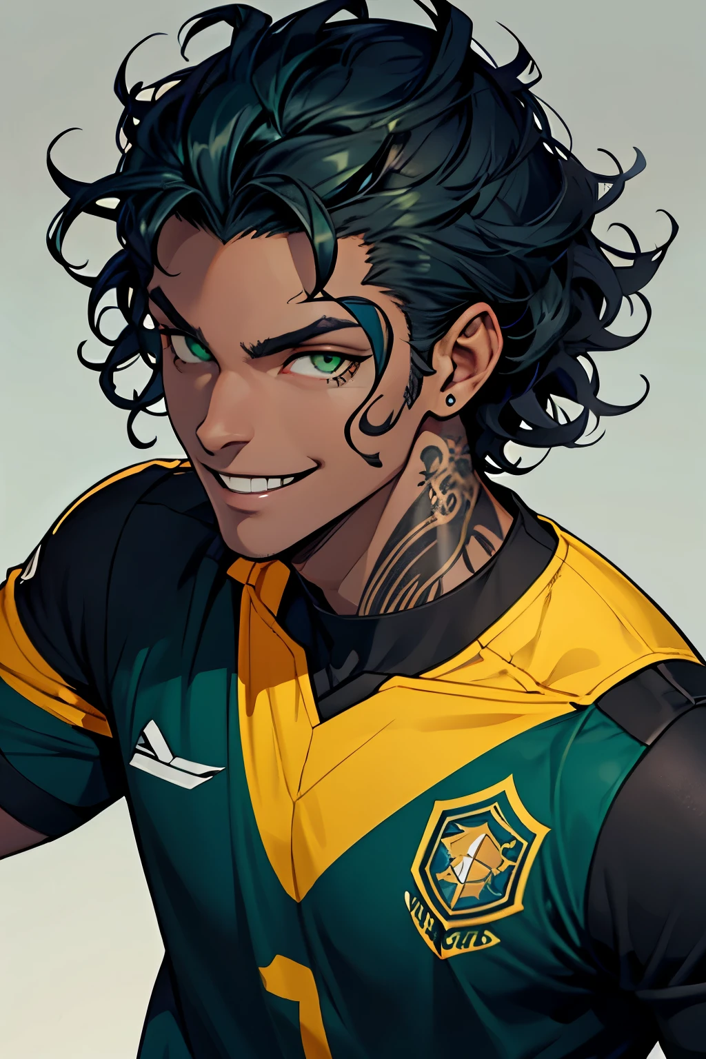 Black young man, black and dark blue hair, soccer player uniform, smile, Tall, Beautiful green eyes, short hair, curly hair, arm tattoo, evil eyes, evil smile, beautiful eyes, Brazil