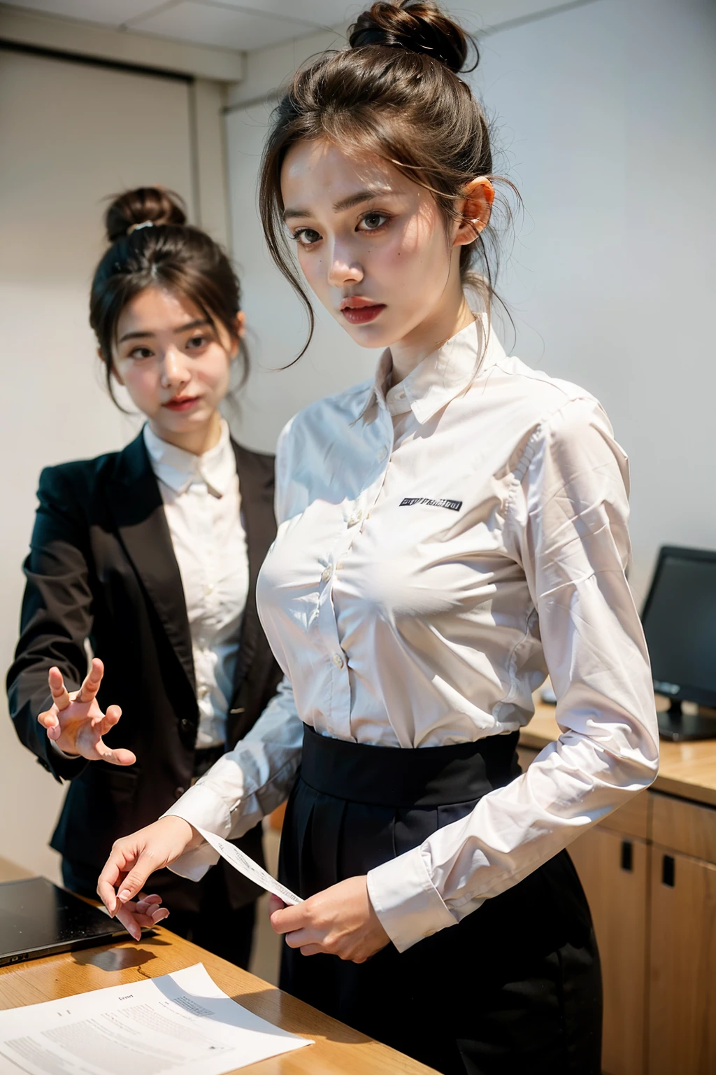 (((Best quality at best)), ((tmasterpiece)), (detailed), background is office，People coming and going behind the scenes，natural classic face，Two girls discussing work，long sleeve work uniform，Hair tied up