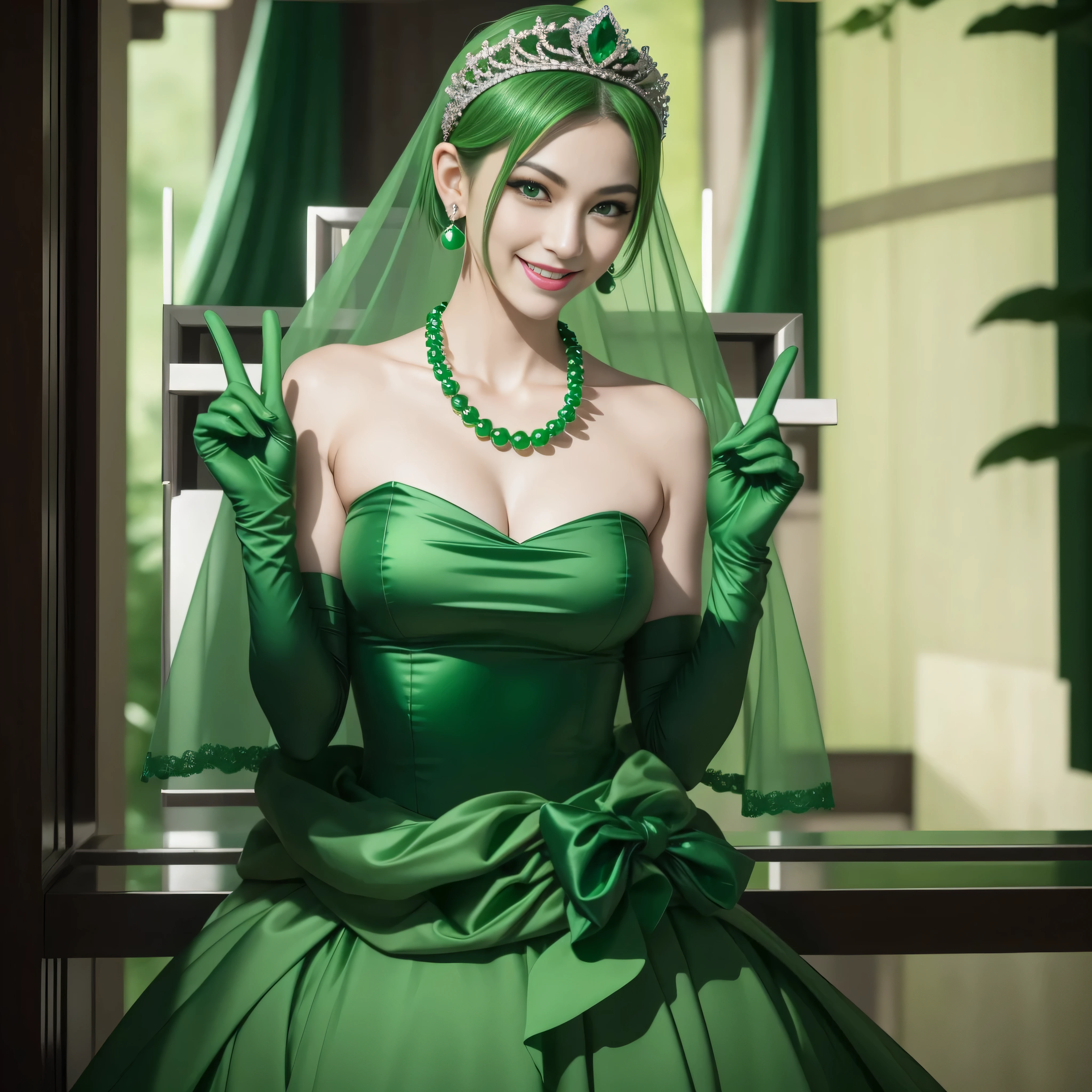 emerald tiara, Green Pearl Necklace, Boyish very short green hair, lipsticks, Japan woman smiling, very short short hair, big breasts beautiful, Green eyes, Long green gloves made of satin material, Green eyes, Emerald Earrings, green vale, v sign