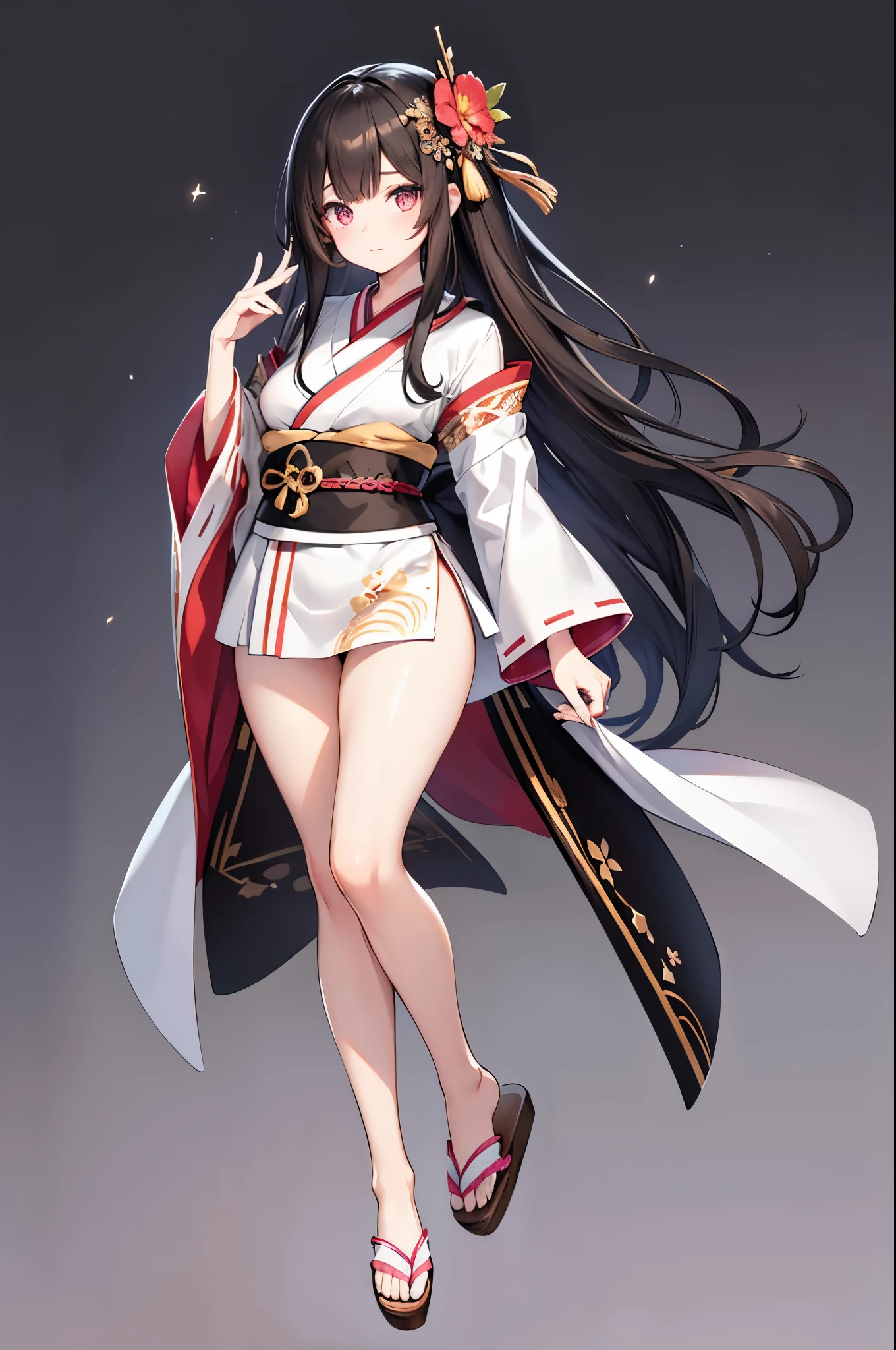 Detailed image, realistic image, coherent image, 1 girl, she has long black hair, brown hair tips, her eyes are pink, long eyelashes, oval face, she wears a small Kimono with star details. Her body is curvy with medium breasts, thick thighs. She wears wooden slippers, full body view, uniform background, black background, ambient light, volumetric light.