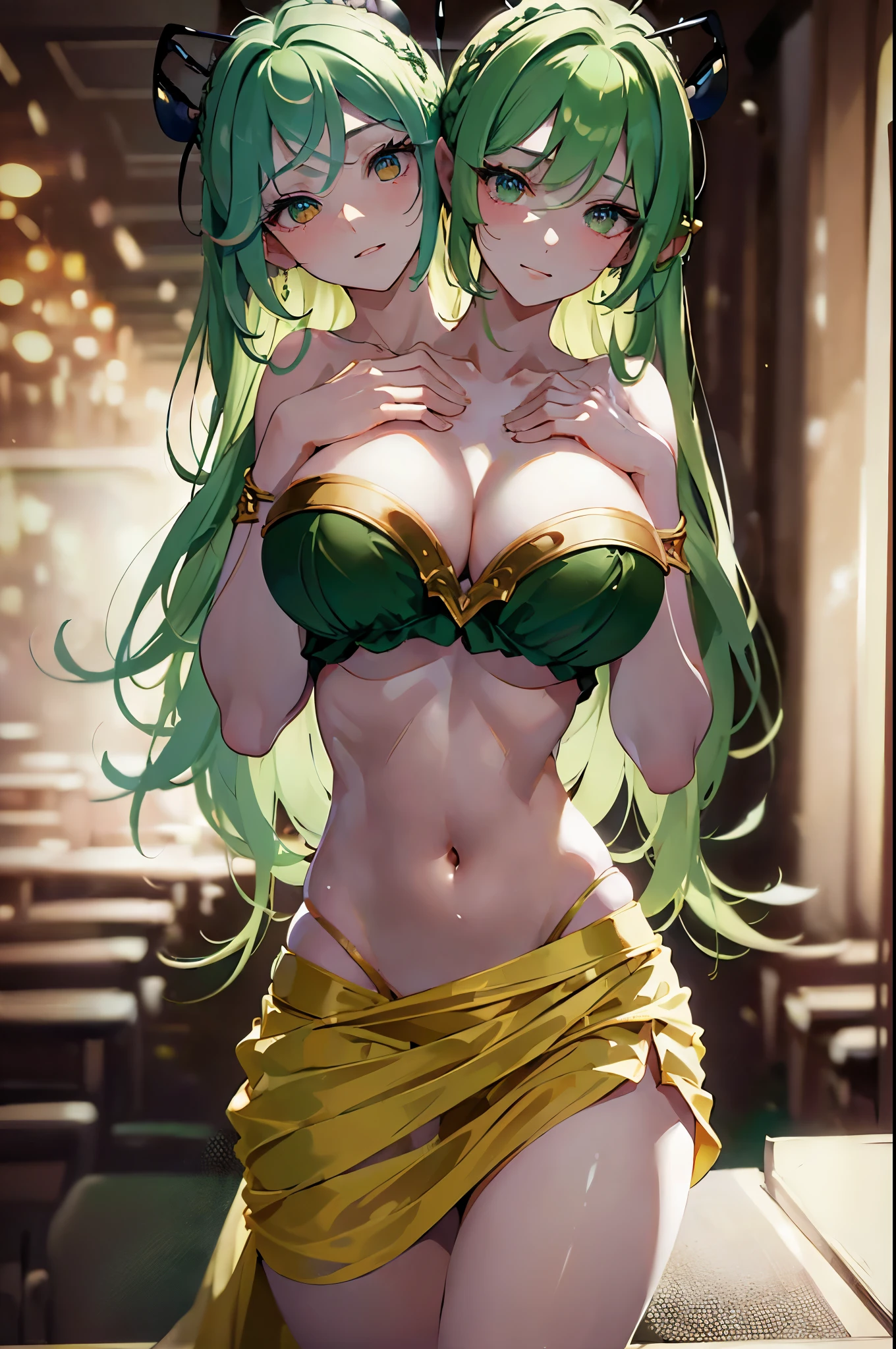 (masterpiece, best quality),best quality, (ultra-detailed), (3heads:1.4), 1girl, (wriggle nightbug:1.3), masterpiece, best quality, white top, crop top, ((stomach)), midriff, ((groin)), blue skirt, normal ears, shackles, green hair, very long hair, wavy hair, sidelocks, green eyes, parted lips, single horn, sweat, cute, toned belly, hand on own chest, eyelashes, (24 year old woman:1.3), (masterpiece:1.4), (best quality:1.4), (beautiful detailed, extremely detailed CG, extremely delicate and beautiful, depth of field, (finely detailed face), (perfect details:1.0), (mature female:1.3), wide pelvis, slender, large veiny breast, 8k resolution, high quality, high definition, extremely detailed, masterpiece, best quality, green hair, long hair, alluring presence, braid, short skirt, close up, big tits, young, frilled hairband,