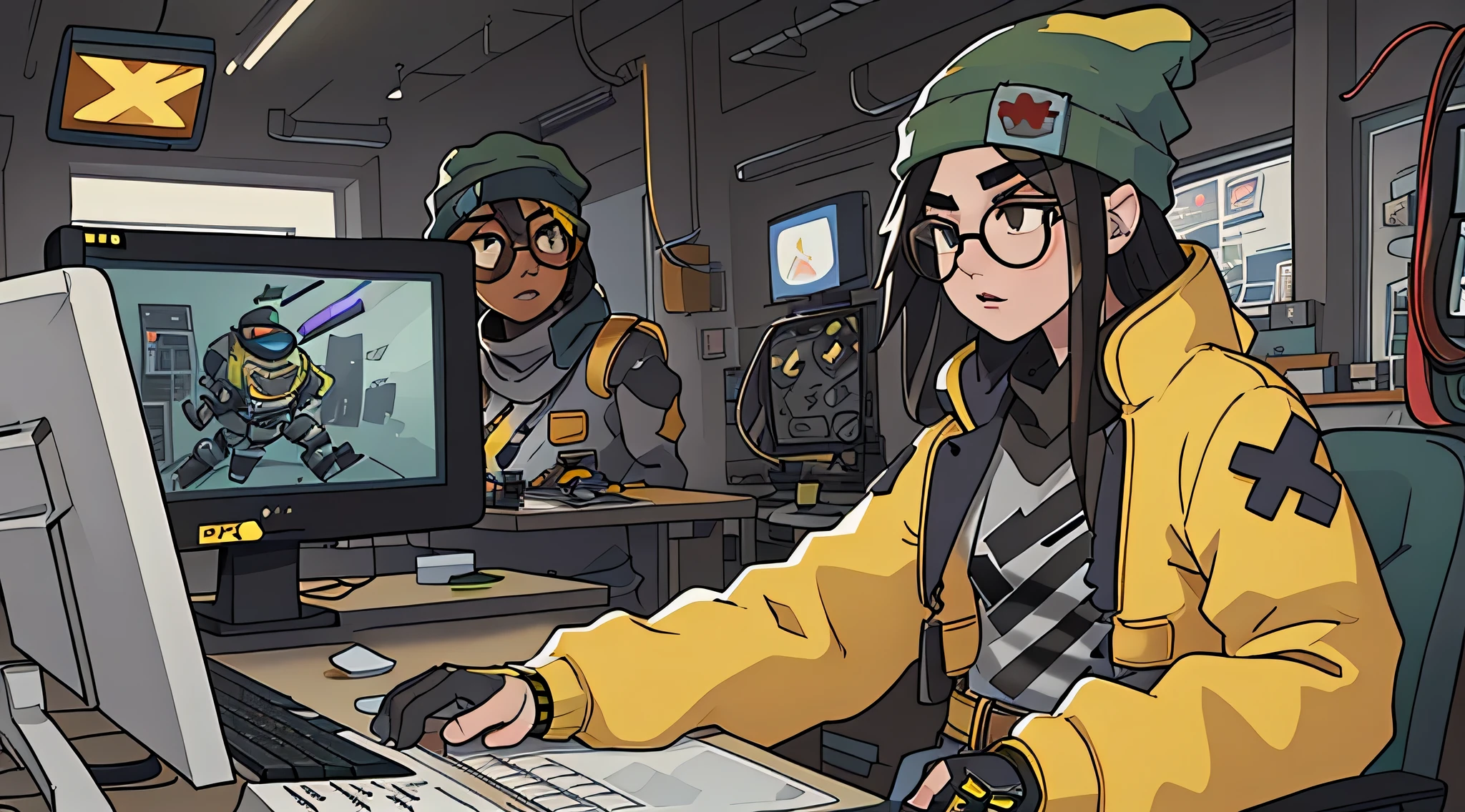 masterpiece, best quality, killjoy, green beanie, round glasses, yellow jacket, grey shirt, belt, black pants, upper body, computers, circuitry, robots, looking at tablet, Side view