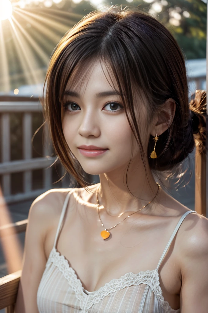 ((Photoreal Stick:1.5, masutepiece:1.5, RAW shooting, 8K)), ((top-quality, masterpiece, 超A high resolution)), ((The entire screen appears white and hazy:1.8)), ((Shoot with blur:1.6)), ((fog the lens:1.7)), ((reflect light onto the lens:1.6)), ((sunrises, Sunlight coming in from behind:1.7, The sunlight of the morning sun spreads across the screen:1.7)), ((A light shines in front of a woman:1.8)), (lensflare:1.3), Face Sharp Focus:1.3, Professional camera work:1.3, Highly detailed skin and facial texture:1.3, Grow Light Effect, The ultra-detailliert:1.3, 1girl in, Fair skin, (Sense of clarity:1.4, a small face), Extremely beautiful face:1.5, (Sense of clarityを感じる目:0.9, looking distantly), A smile:1.0, i love you completely:0.8, (Slightly open mouth:0.4, Sense of clarityを感じる口当たり:0.7), 二重まぶた, Dark brown medium hair, necklace and earrings