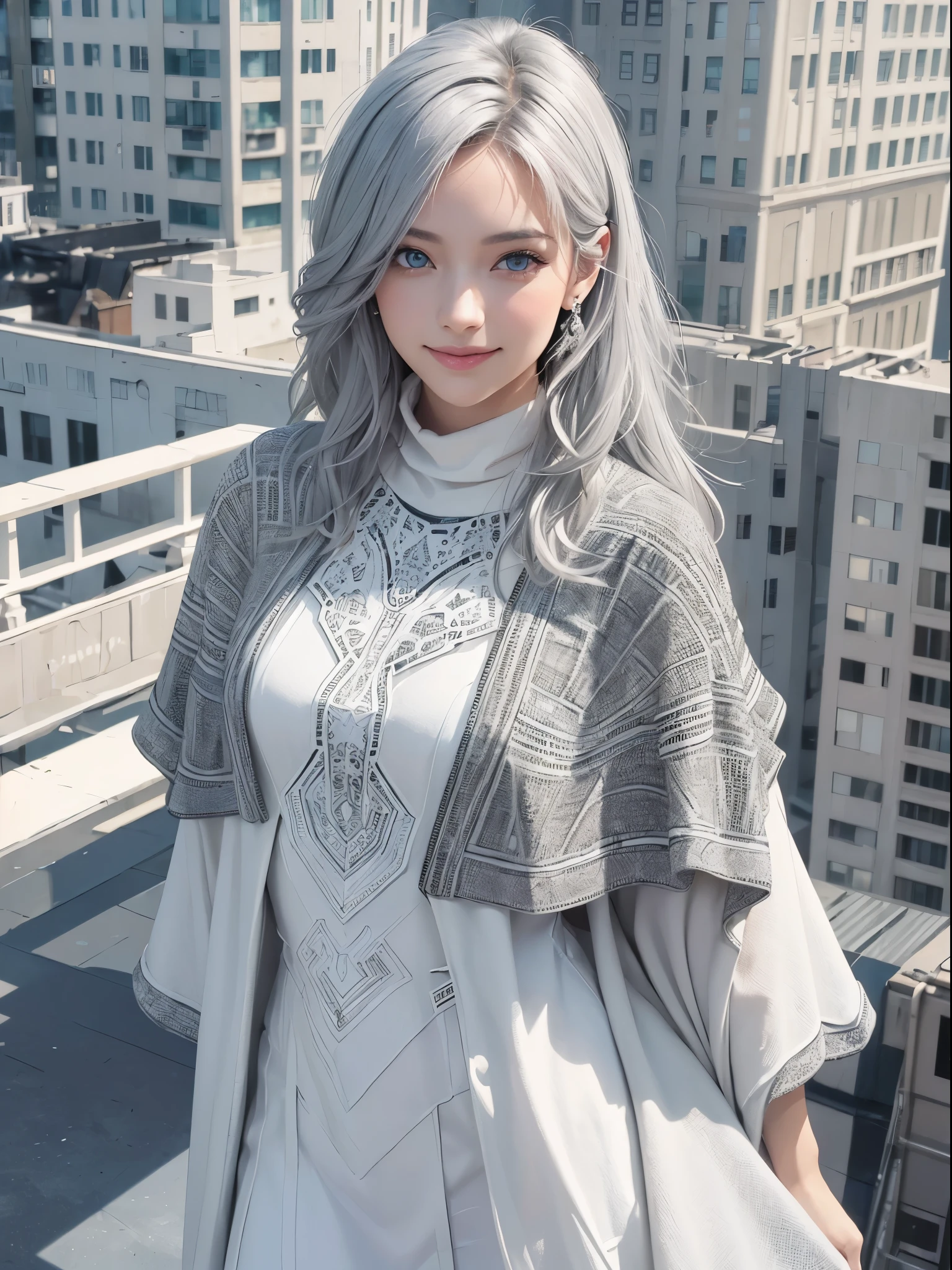 (Realistic:1.8), (Digital art:0.2), (Geometric art:1.7),(agpi official art, beautiful and aesthetic, ultra detailed, beautiful, masterpiece, best quality:1.6), (1girl:1.2), Detailed face, Detailed eyes, Detailed hair, young fingers, Detailed fingers, five fingerREAK cute ig model, Japanese cute model, 22 years old, Tightened all body, small head, small face, small mouth, diamond Face, small nose, Sharp Faceline, (dropy eyes, Double eyelid, Light color eyes, Glossy eyes, Shiny eyes:1.2), Shiny skin, shiny hair, (gray hair:1.2),
_
BREAK (happy, smile, Teeth, Glossy Lip:1.2),beautiful Teeth, (upper body:1.5), sitting, from front,
_
BACKGROUND
(gray urban cityscape with soft lights:1.3)BREAK
POSE
(standing gracefully with arms slightly extended:1.2)BREAK
CAMERA ANGLE
(angled slightly from above, capturing the flowing lines of the poncho:1.2)BREAK
OUTFIT
(fusion of black and white poncho with intricate geometric patterns:1.2), (black skinny jeans:1.1), (ankle boots with subtle pattern details:1.1), (minimalistic silver accessories:1.1)BREAK