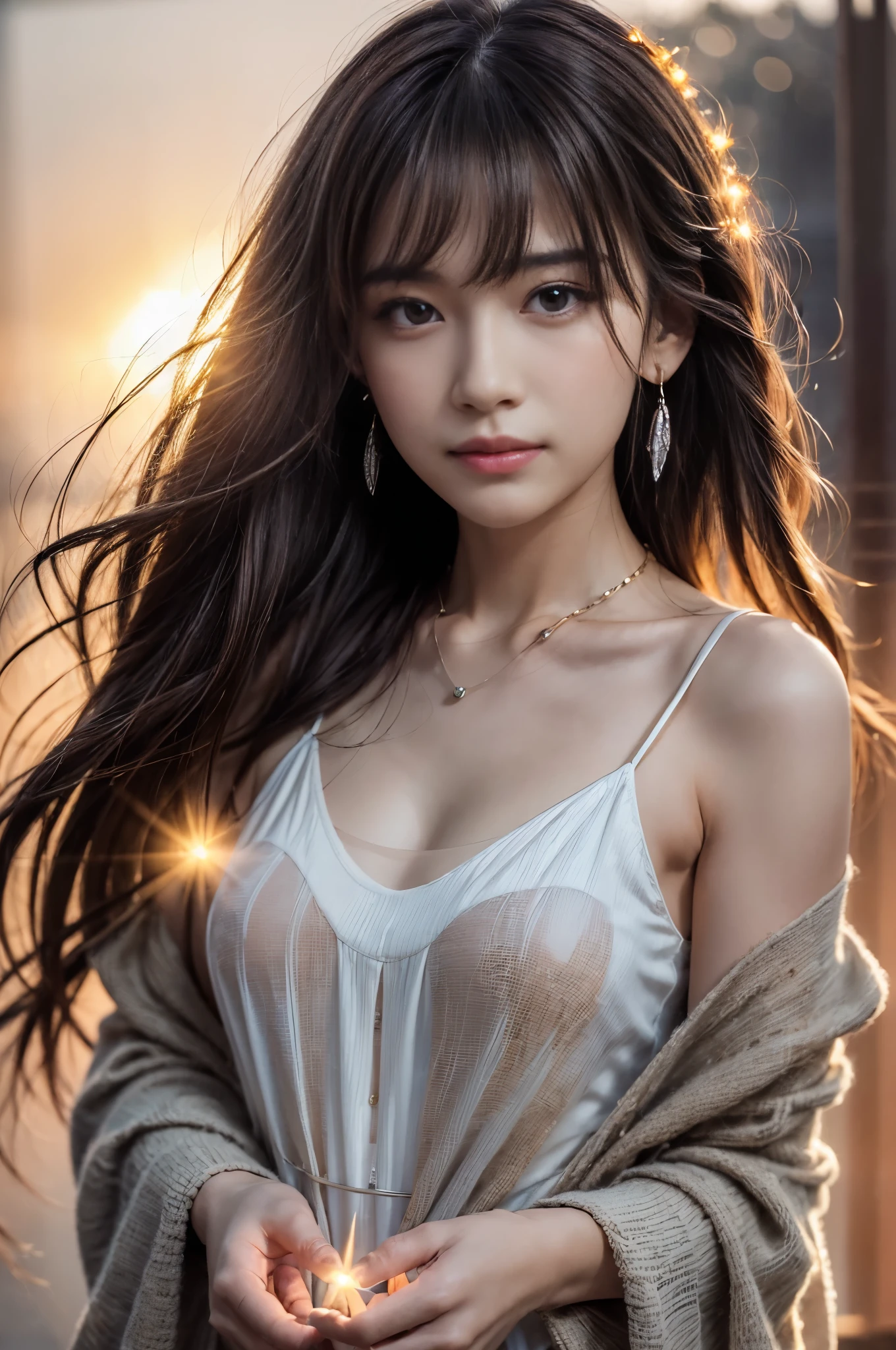((Photoreal Stick:1.5, masutepiece:1.5, RAW shooting, 8K)), ((top-quality, masterpiece, 超A high resolution)), ((Shoot with blur:1.6)), ((fog the lens:1.6)), ((reflect light onto the lens:1.7)), ((sunrises, Sunlight coming in from behind:1.7, The sunlight of the morning sun spreads across the screen:1.7)), ((A light shines in front of a woman:1.8)), ((The entire screen appears white and hazy:1.8)), (front lit:1.3), Face Sharp Focus:1.3, Professional camera work:1.3, Highly detailed skin and facial texture:1.3, Grow Light Effect, The ultra-detailliert:1.3, 1girl in, Fair skin, (Sense of clarity:1.4, a small face), Extremely beautiful face:1.5, (Sense of clarityを感じる目:0.9, looking distantly), A smile:1.0, i love you completely:0.8, (Slightly open mouth:0.4, Sense of clarityを感じる口当たり:0.7), 二重まぶた, Dark brown medium hair, necklace and earrings