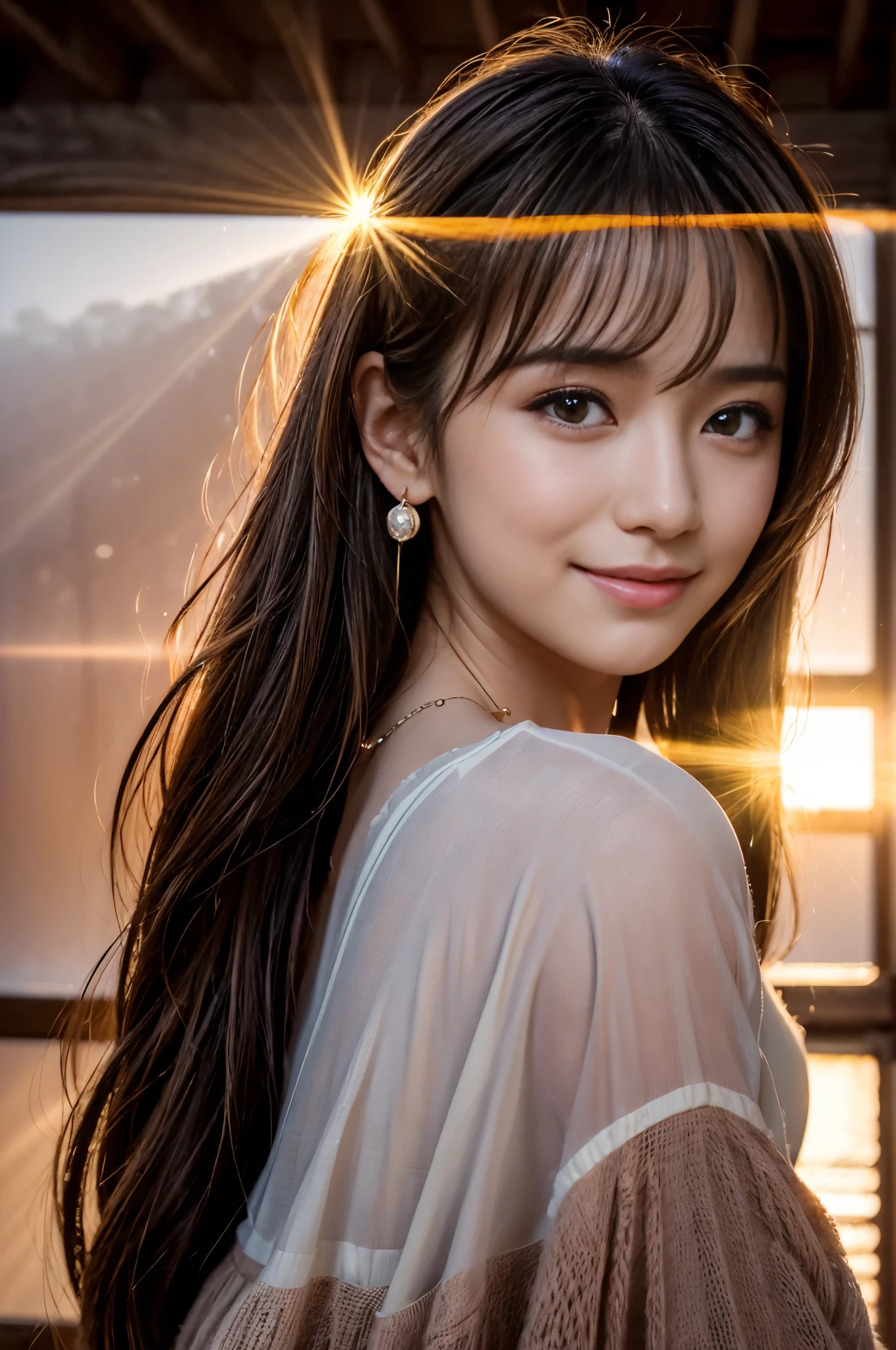 ((Photoreal Stick:1.5, masutepiece:1.5, RAW shooting, 8K)), ((top-quality, masterpiece, 超A high resolution)), ((Shoot with blur:1.6)), ((fog the lens:1.6)), ((reflect light onto the lens:1.7)), ((sunrises, Sunlight coming in from behind:1.7, The sunlight of the morning sun spreads across the screen:1.7)), ((A light shines in front of a woman:1.8)), ((The entire screen appears white and hazy:1.8)), (lensflare:1.3), Face Sharp Focus:1.3, Professional camera work:1.3, Highly detailed skin and facial texture:1.3, Grow Light Effect, The ultra-detailliert:1.3, 1girl in, Fair skin, (Sense of clarity:1.4, a small face), Extremely beautiful face:1.5, (Sense of clarityを感じる目:0.9, looking distantly), A smile:1.0, i love you completely:0.8, (Slightly open mouth:0.4, Sense of clarityを感じる口当たり:0.7), 二重まぶた, Dark brown medium hair, necklace and earrings