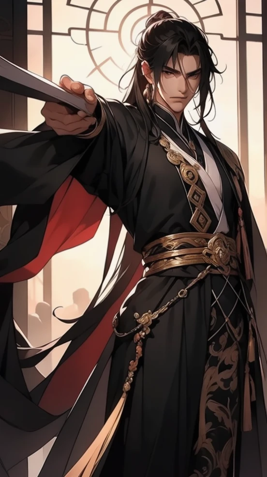solo person,Anime boy with black hair and black clothes,male people,Song dynasty,Long gray hair,gold eyes,high ponytails,gilgamesh, grand order of destiny, style anime, 像destiny一样/spend the night with, destiny / spend the night with, Portrait of a magical blond prince, handsome anime pose, Fate still stays at night, joseph joestar, male people动漫人物, By Anime Painter Studio, 8K!