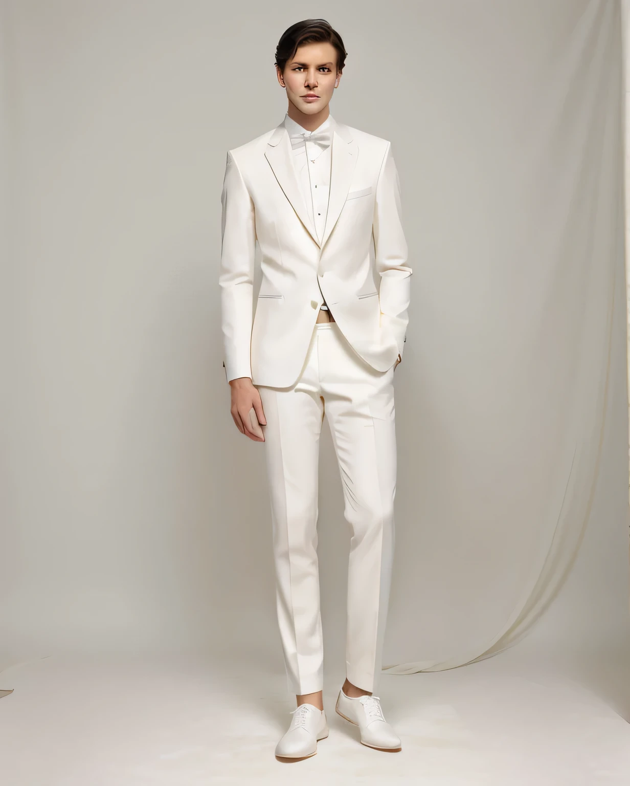 Full body photo of handsome and slender young man wearing white suit, Stand naturally, Formal style，pure front. The boy has black hair, Put your hands in your trouser pockets, legs Stand naturally, and good lighting effects, Greatly reduce shadow area. The background is a pure white screen