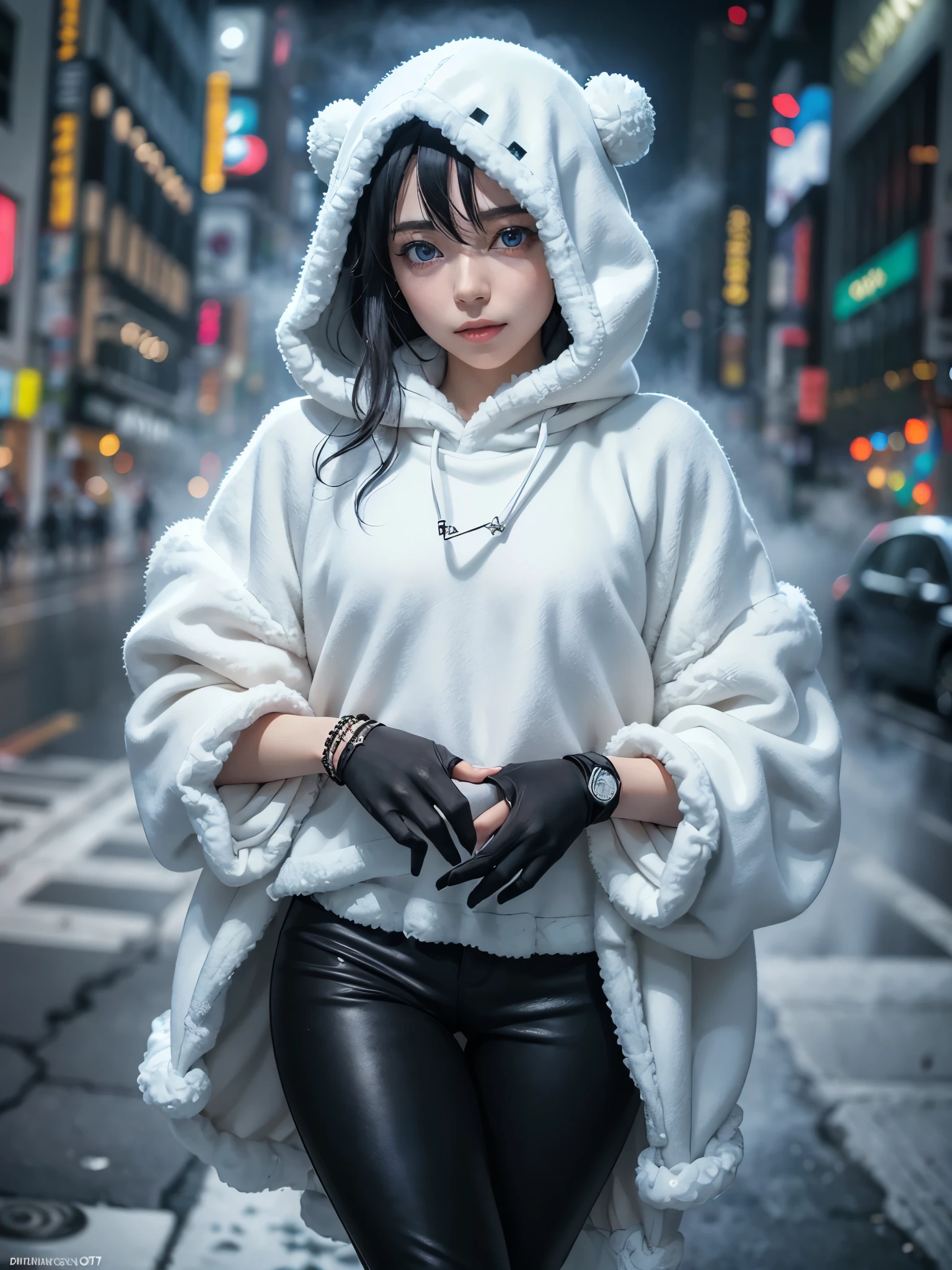 (anime girl:1.8), (Geometrical art, official art, beautiful and aesthetic), (1girl:2.0), (Detailed face, Detailed eyes, Glossy Lips, dropy eyes, Double eyelid, Light color eyes, Glossy eyes, Shiny eyes:1.4), Detailed hair, young fingers, Detailed fingers, five fingerREAK cute ig model, Japanese cute model, 22 years old, Tightened all body, small head, small face, small mouth, diamond Face, small nose, Sharp Faceline, Shiny skin, shiny hair, 
_
BREAK (happy, smile, Teeth), beautiful Teeth, (model pose:1.3),
_
(minimalistic black and white theme cityscape:1.4),(blurry,mist:1.6)
BREAK
(black theme:1.4),(black theme:1.4),(Moist, Fluffy:1.5), (baggy black loose-fitting fur hoodie and oversize Fluffy outfit:1.4), Break (White theme:1.4),  (white stretch skinny leggings:1.4), Break (black theme:1.4),(wearring black Sneaker:1.4),