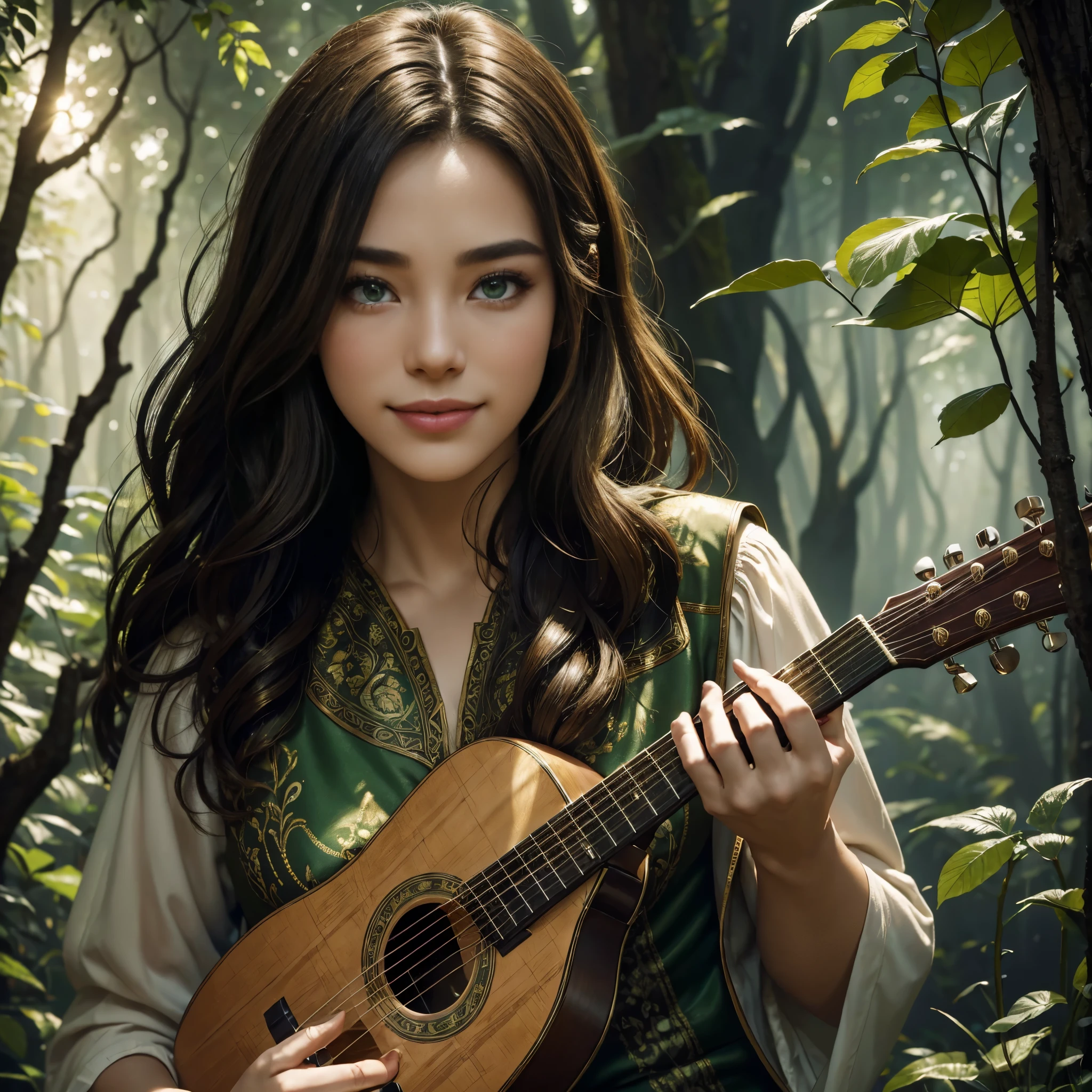 ((of the highest quality: 1.4))), (unparalleled masterpiece), (ultra high definition), (art by Carne Griffiths), (ultra-realistic 8k CG), a beautiful bard woman (RPG class) smiling and playing music on her small guitar, beautiful and highly detailed hands, beautiful and detailed smile, stunning green eyes, highly detailed small guitar, adorned in elegant fine fabric and a highly detailed strapless leather vest, messy hair, clean and beautiful face, perfect body, bronzed skin: 1.2, Full-body portrait, background of a mystical and magical forest with stunning leaves, beautiful shadow, sunlight creates a beautiful gradient shadow, adding depth to the image, (muted colors, soft hues: 1.3), low saturation, (hyper detail: 1.2), perfect ???????,