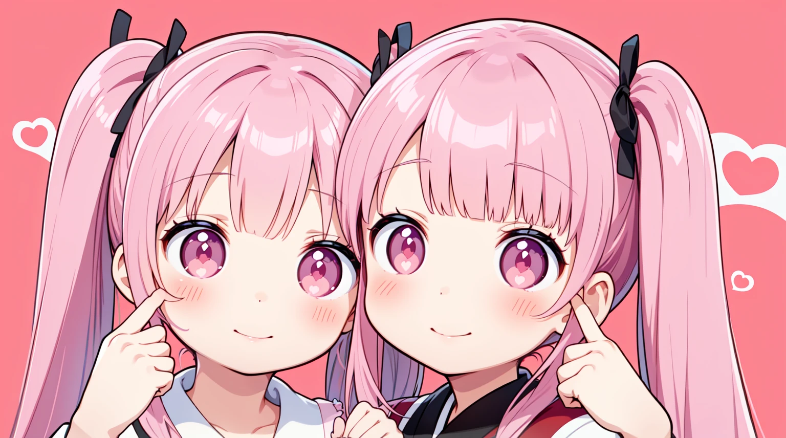 独奏, Long hair,Pink twin tails, A smile、drooping eyes、Pink tone、1girl in、digital anime art:1、ink eyes、かわいいイチゴ🍓のメイド服、A cute pink background reminiscent of a strawberry parfait、((heart shaped hand))