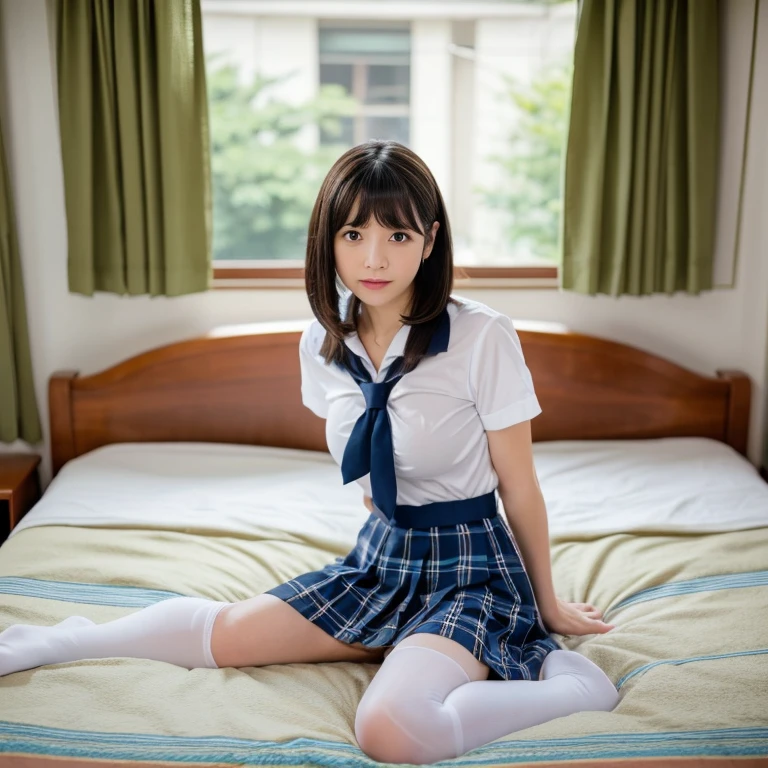 alone、Natural body shape、White skin、Natural Makeup、Black Hair、bangs、Straight Long Hair、、(expensive 、barefoot、White blouse、Blue plaid pleated skirt)、、(Spread your legs:1.3)、((The upper body is wearing a uniform))、(((((Looking into the camera)))))、(((whole body)))、(((Exposing your thighs)))、Bedroom、On the bed、Sitting、((Focus on the crotch)),大きく両Spread your legs,Panties,Showing off her breasts、Nipples、Flip up the skirt、Pussy、Nipples、Nipples、first round、Sensual look、Blushing、Acme、