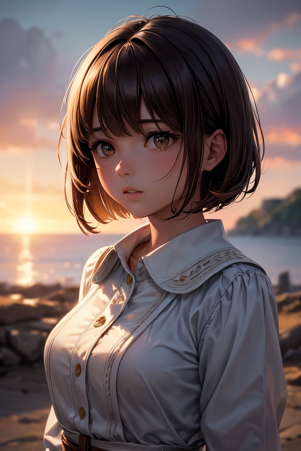 ((best quality, more details, masterpiece)), 1girl, brown eyes, solo, bangs, short wave hair, light brown hair, anxious face staring into the distance, fantastic landscape with blurred background, blurred background, luxurious, 8k, ray tracing, depth of field, cinematic lighting,