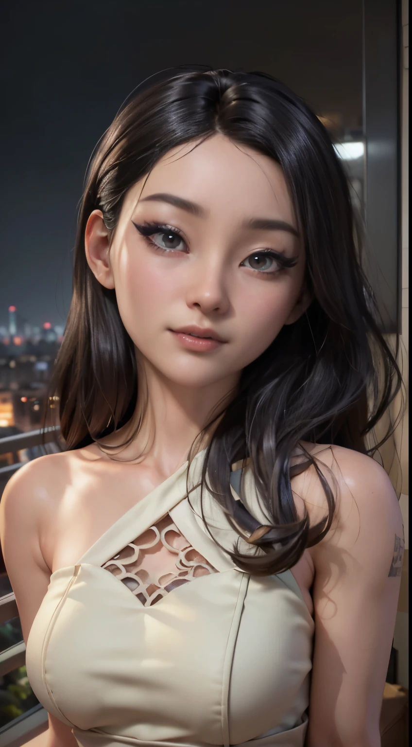 photo of Jeannie Lee, RAW, beautiful woman, ((portrait)), ((detailed face:1.2)), ((detailed facial feature, detailed skin, clear skin), (perfect proportioned body), (wearing a colorful sexy dress) (high detailed city environment, apartment balcony), (realistic photo, best quality, detailed), (8k wallpaper), (cinematic lighting, dramatic lighting) (sharp focus, intricate)