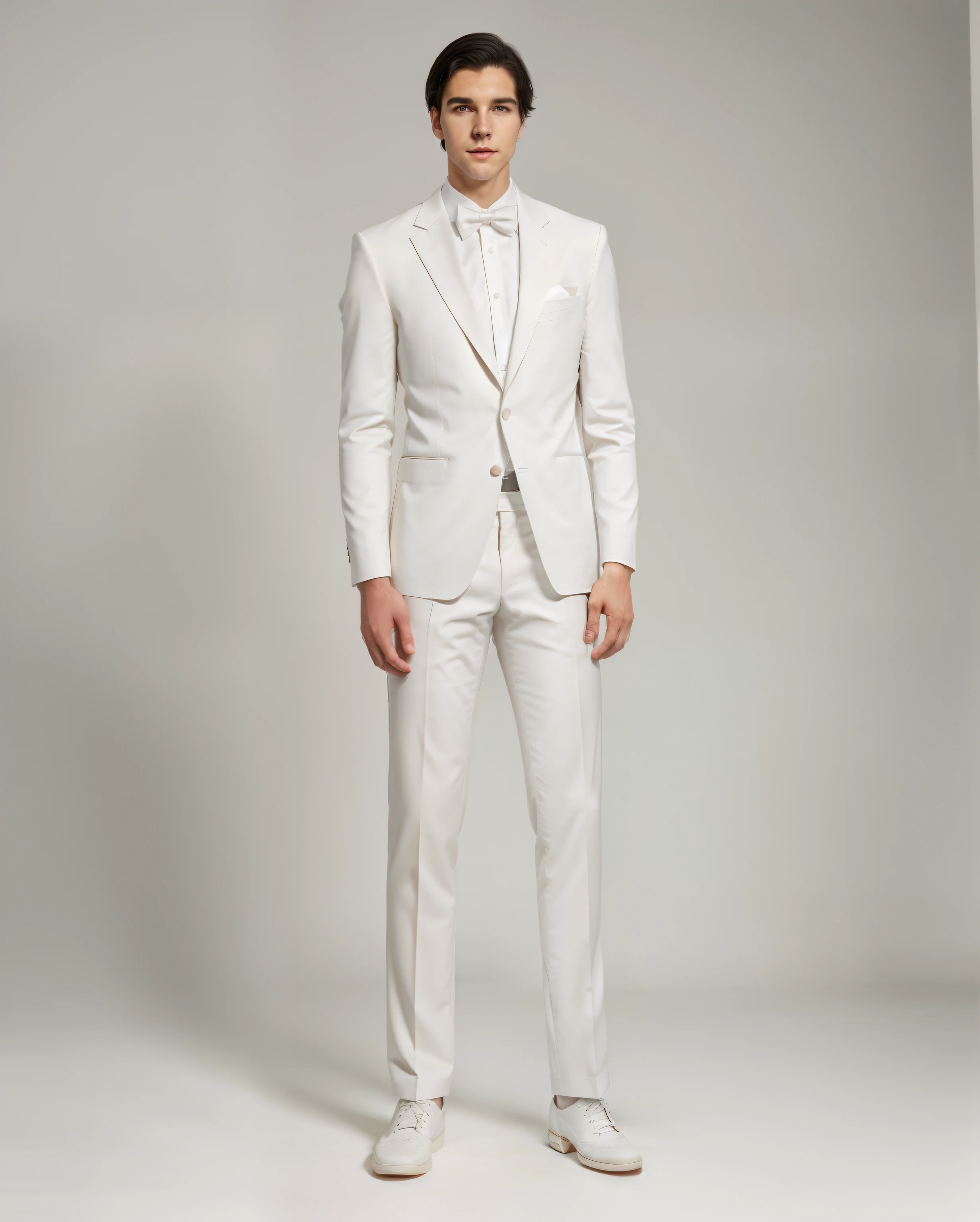 Full body photo of handsome and slender young man wearing white suit, Stand naturally, Formal style,pure front. The boy has black hair, Put your hands in your trouser pockets, legs Stand naturally, and good lighting effects, Greatly reduce shadow area. The background is a pure white screen