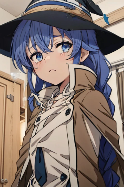 1girl in, Roxy Migurdia, witch hat, Blue eyes, Blue hair, twin braids, twin tail brown coat:1.1), Cape, robe, braided ponytails, Sweat, Heart-shaped pupil, Erotic face ,Provocative face,view the viewer, From below, Focus, Beyond the particles of light, Love hotel bedroom, T-shirt black string underwear,Sun,, (masutepiece:1.2), hight resolution, Best Quality, 8K, Very Very Clear,