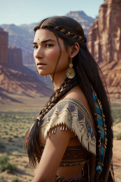 portrait photograph of Marie Avgeroupolus as Pocahontas, young beautiful native american woman, perfect symmetrical face, indigenes feather jewelry, traditional handmade dress, armed female hunter warrior, (((wild west))) environment, Utah landscape, ultra realistic, concept art, elegant, ((intricate)), ((highly detailed)), depth of field, ((professionally color graded)), soft ambient lighting, dusk, 8k, art by artgerm and greg rutkowski and alphonse mucha