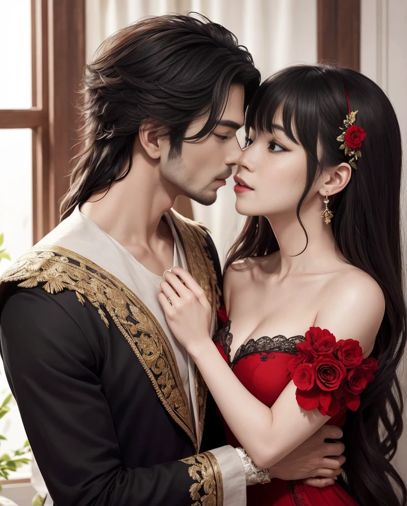 tmasterpiece, best qualtiy, 8K, high detal, ultra - detailed,Handsome man's,wearing classic black prince costume,cabelos preto e longos。his facial features are very distinct,His expression is focused and calm.,Look at the girl next to you。The girl is wearing a beautiful red dress,The hairstyle is elegantly curled,Expressing the slender collarbone and delicate ears。her lips opened slightly,feel a man's kiss。二a personの体は互いにしがみついている,touch lightly with both hands。The entire bedroom is bathed in warm light,The curtains flutter,natta,starrysky,flower petals,View from the front and side,the man bowed his head,kiss the girl gently,their bodies are trembling slightly,Feel each other's breathing and heartbeat。The whole picture is full of romance and affection,a person々Let them feel the charm and power of love。
