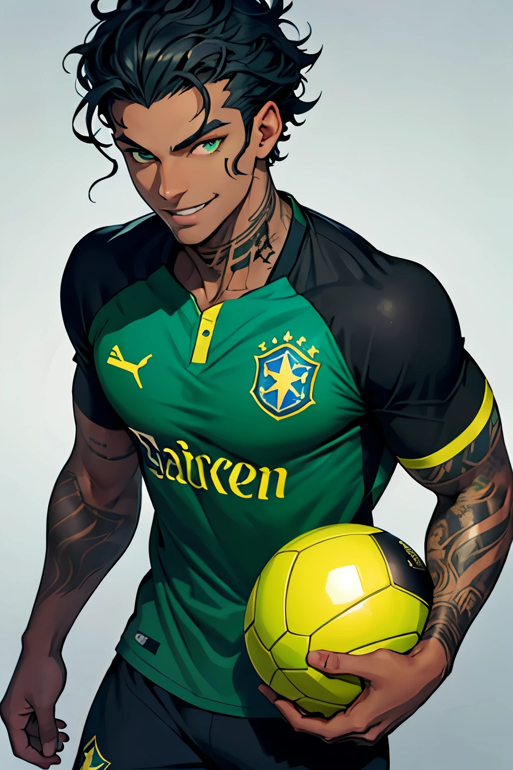 Black young man, black and dark blue hair, soccer player uniform, smile, Tall, Beautiful green eyes, short hair, curly hair, arm tattoo, evil eyes, evil smile, beautiful eyes, Brazil