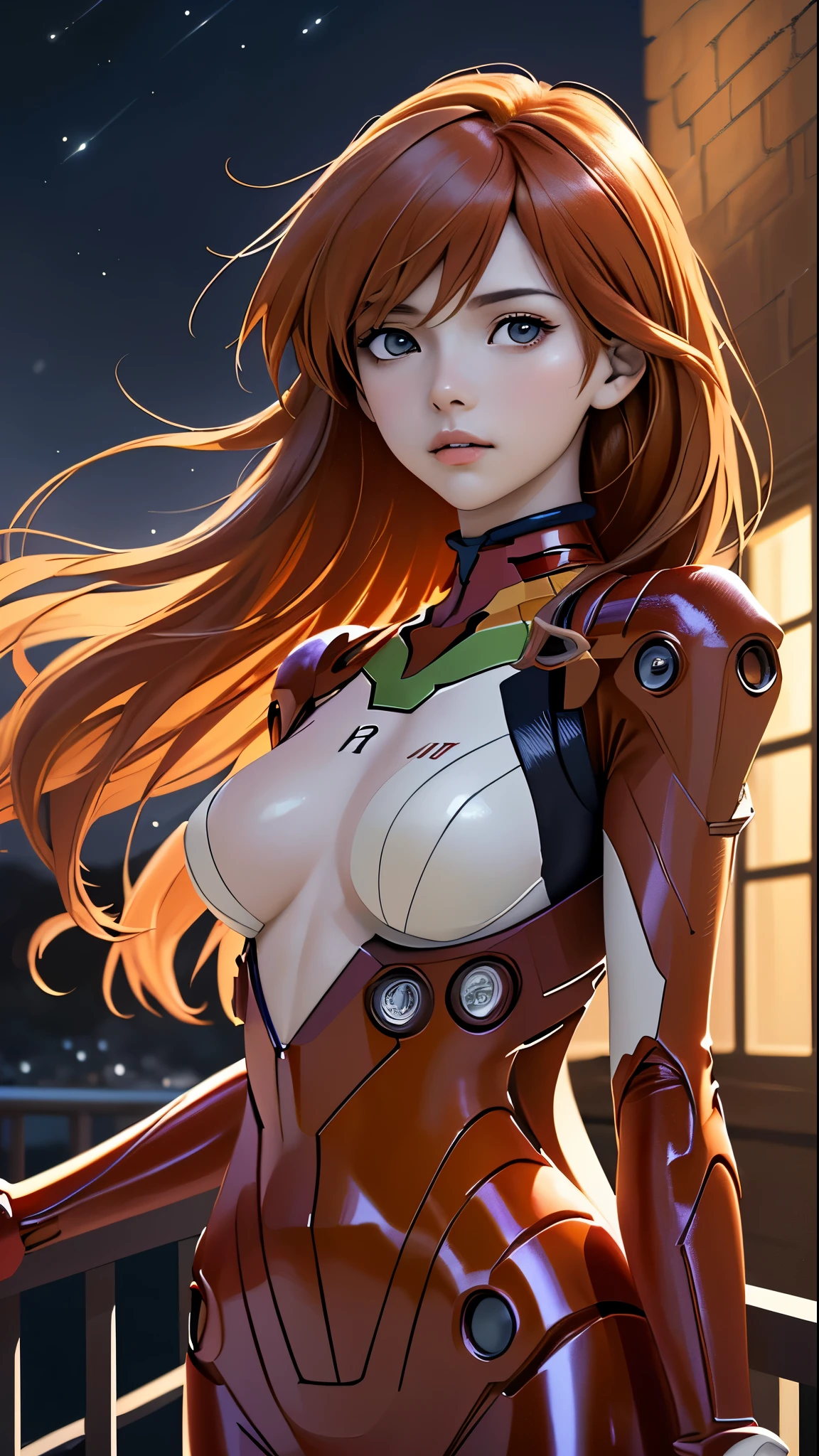 (best quality, masterpiece, colorful, dynamic angle, highest detailed)(Asuka Langley), upper body photo, fashion photography of cute red long hair girl (Asuka Langley), dressing high detailed Evangelion red suit (high resolution textures), in dynamic pose, bokeh, (intricate details, hyperdetailed:1.15), detailed, moonlight passing through hair, perfect night, (fantasy art background), (official art, extreme detailed, highest detailed), HDR+