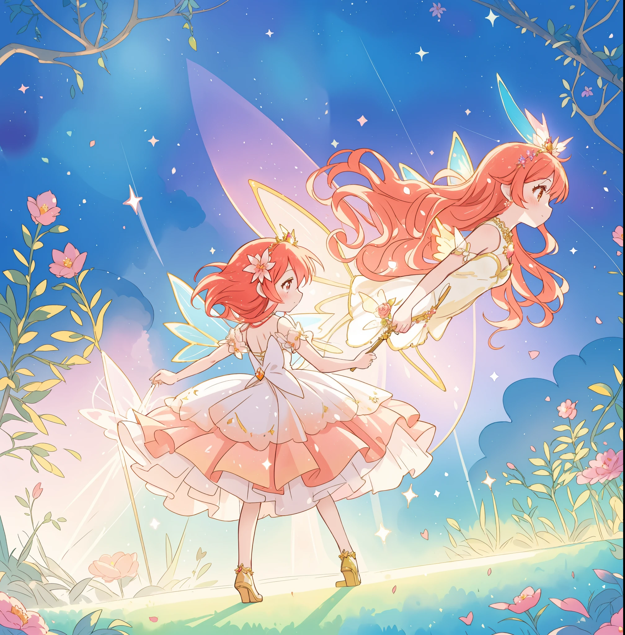 beautiful fairy girl in sparkling dress, glowing ballgown, long red peach hair, colorful fantasia background, fairy wings watercolor illustration, disney art style, glowing aura around her, glowing lights, beautiful digital illustration, fantasia otherworldly landscape plants flowers, beautiful, masterpiece, best quality, anime disney style