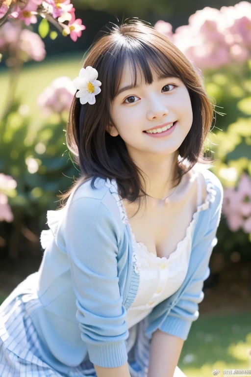 (((​masterpiece))), (((Full body photo)))， (One beautiful Japan girl, Innocence，kawaii) ，超A high resolution, Realistic, ultra-detailliert, 8K,top-quality, Extremely detailed,,A slender,very beautiful japanese girl, (Detailed face:1.3), (Bery short hair，kawaii花の髪飾り，A dark-haired :1.4), (a baby face，kawaii系,adorable 10 year old girl), (Perfect body:1.1), (white frills，Light blue dress，White fluffy skirt，Thin cardigan), innocent smiles，Show your beautiful teeth，sexy  pose，rosy cheeks，Super Detailed Face、Detailed lips、A detailed eye、small junior gravure idol，Transparent skin、Lori，Photorealistic:1.37，no-makeup，In the soft spring sunshine、Surrounded by colorful flowers，In the park