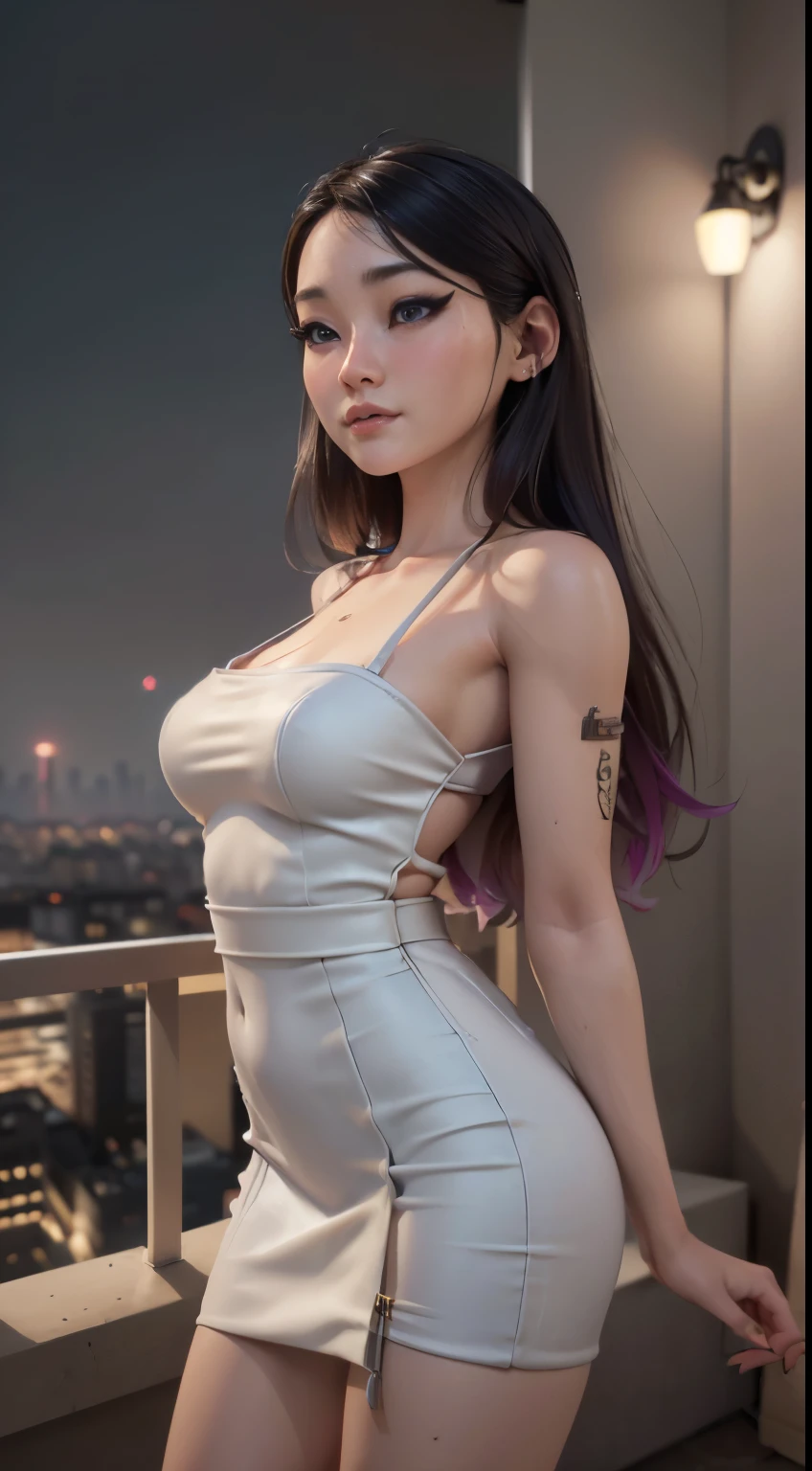 photo of Jeannie Lee, RAW, beautiful woman, ((portrait)), ((detailed face:1.2)), ((detailed facial feature, detailed skin, clear skin), (perfect proportioned body), arched back, poking nipples, (wearing a colorful sexy dress) (high detailed city environment, apartment balcony), (realistic photo, best quality, detailed), (8k wallpaper), (cinematic lighting, dramatic lighting) (sharp focus, intricate)