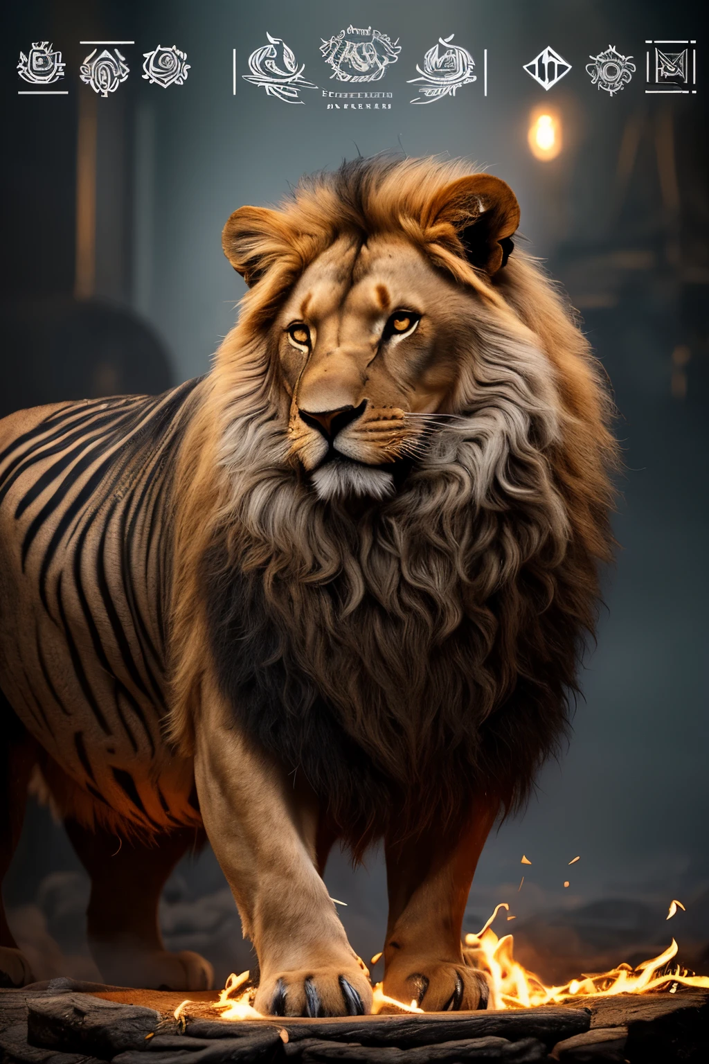 A majestic lion, com uma juba imponente e olhar desafiador, representing strength and courage. No lugar das patas dianteiras, insira martelos de forja cruzados, simbolizando habilidade, hard work and construction. Integrate the forge environment with elements such as sparks flying or flames coming from the hammer, to emphasize the relationship with the forging process. Use cores como dourado, representando realeza, junto com tons de vermelho e laranja, evocando o calor da forja. O texto pode ser incorporado de maneira elegante, perhaps using a font that conveys both robustness and sophistication.