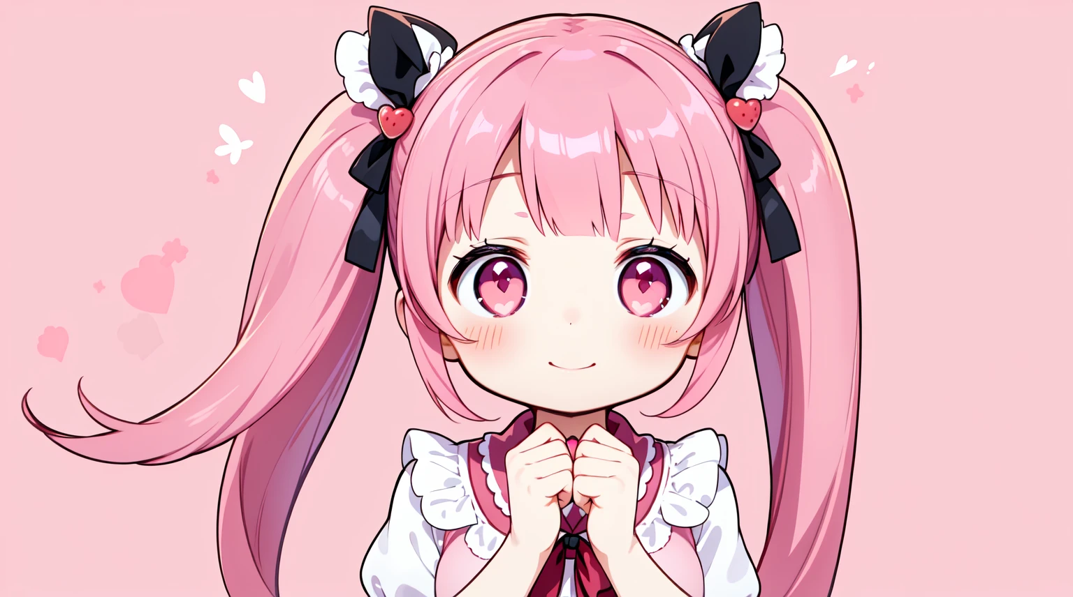 1girl in、独奏, Pink twin tails, A smile、Eyes are drooping、Pink tone、かわいいイチゴ🍓のメイド服、A cute pink background reminiscent of a strawberry parfait、((heart shaped hand)) .