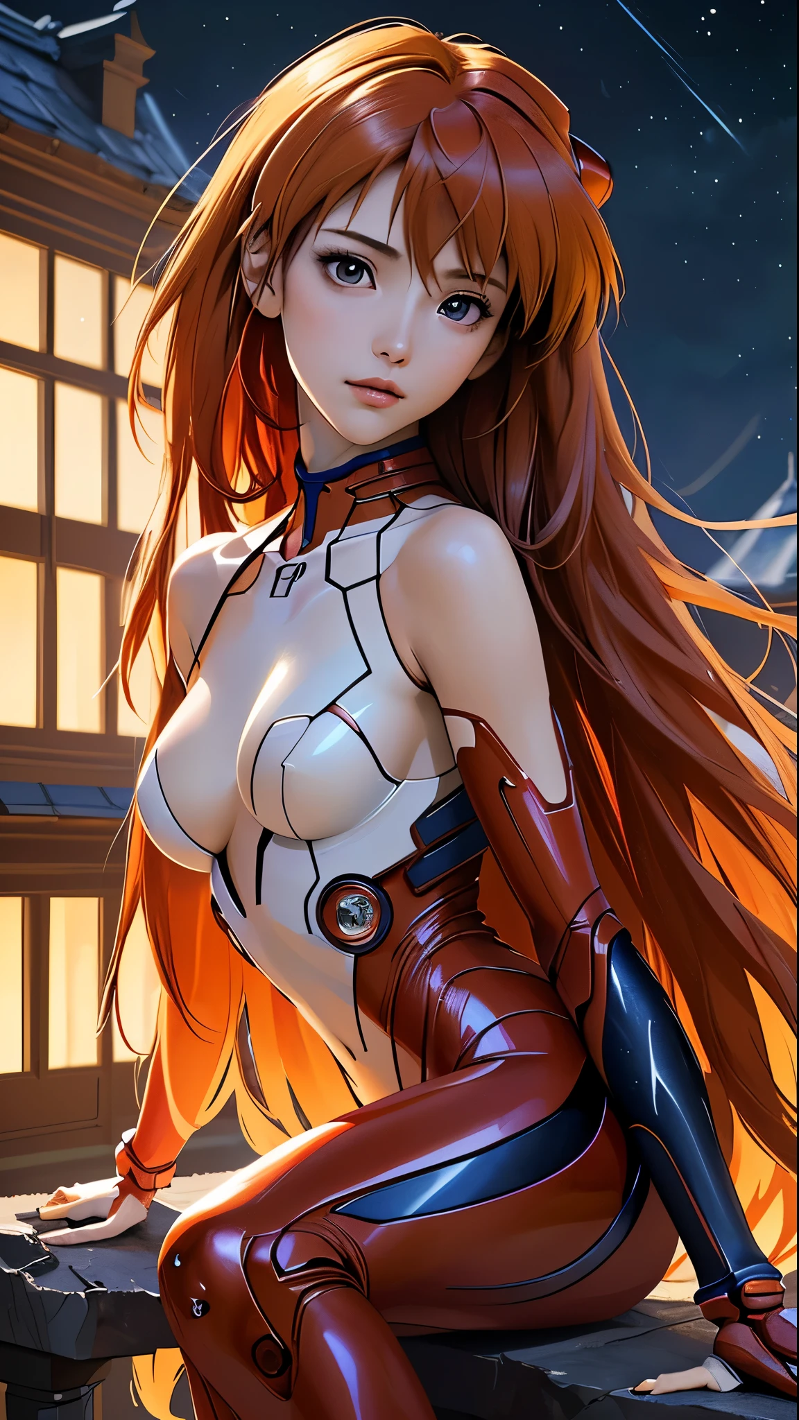 (best quality, masterpiece, colorful, dynamic angle, highest detailed)(Asuka Langley), upper body photo, fashion photography of cute red long hair girl (Asuka Langley), dressing high detailed Evangelion red suit (high resolution textures), in dynamic pose, bokeh, (intricate details, hyperdetailed:1.15), detailed, moonlight passing through hair, perfect night, (fantasy art background), (official art, extreme detailed, highest detailed), HDR+