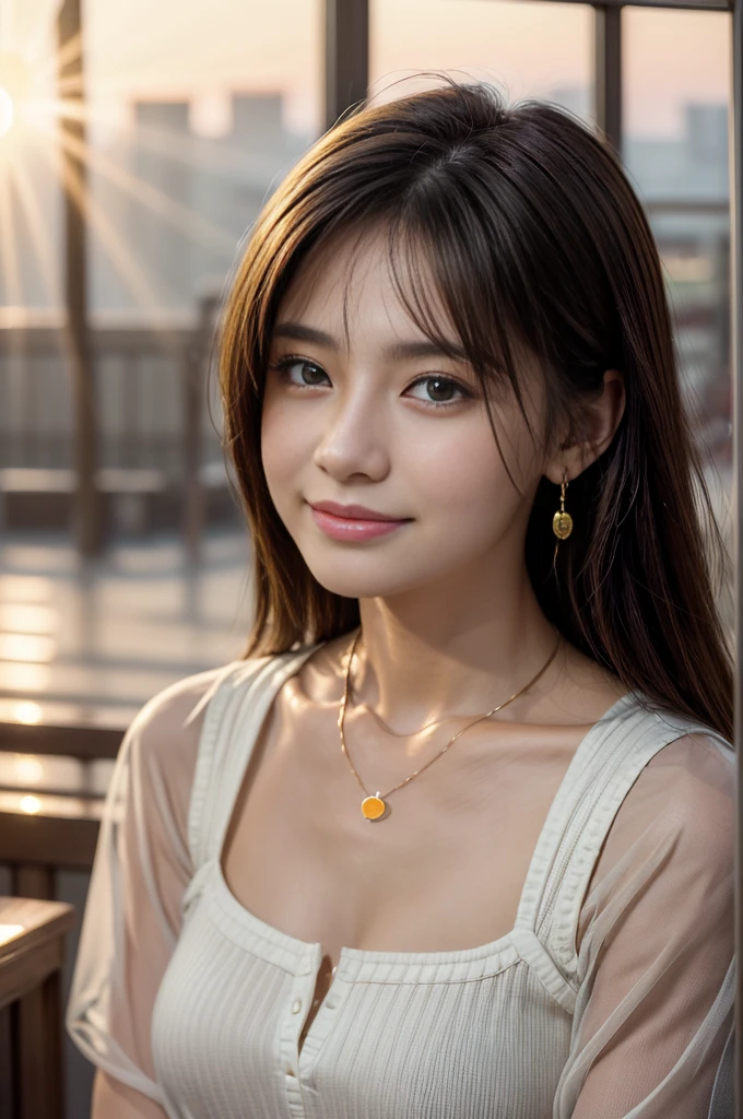 ((Photoreal Stick:1.5, masutepiece:1.5, RAW shooting, 8K)), ((top-quality, ​masterpiece, 超A high resolution)), ((The entire screen appears white and hazy:1.6)), ((Shoot with blur:1.6)), ((fog the lens:1.6)), ((reflect light onto the lens:1.7)), ((sunrises, Sunlight coming in from behind:1.7, The sunlight of the morning sun spreads across the screen:1.7)), ((The morning sun shines in front of the woman:1.8)), (front lit:1.3), Face Sharp Focus:1.3, Professional camera work:1.3, Highly detailed skin and facial texture:1.3, Grow Light Effect, The ultra-detailliert:1.3, 1girl in, Fair skin, (Sense of clarity:1.4, a small face), Extremely beautiful face:1.5, (Sense of clarityを感じる目:0.9, looking distantly), A smile:1.0, i love you completely:0.8, (Slightly open mouth:0.4, Sense of clarityを感じる口当たり:0.7), 二重まぶた, Dark brown medium hair, necklace and earrings