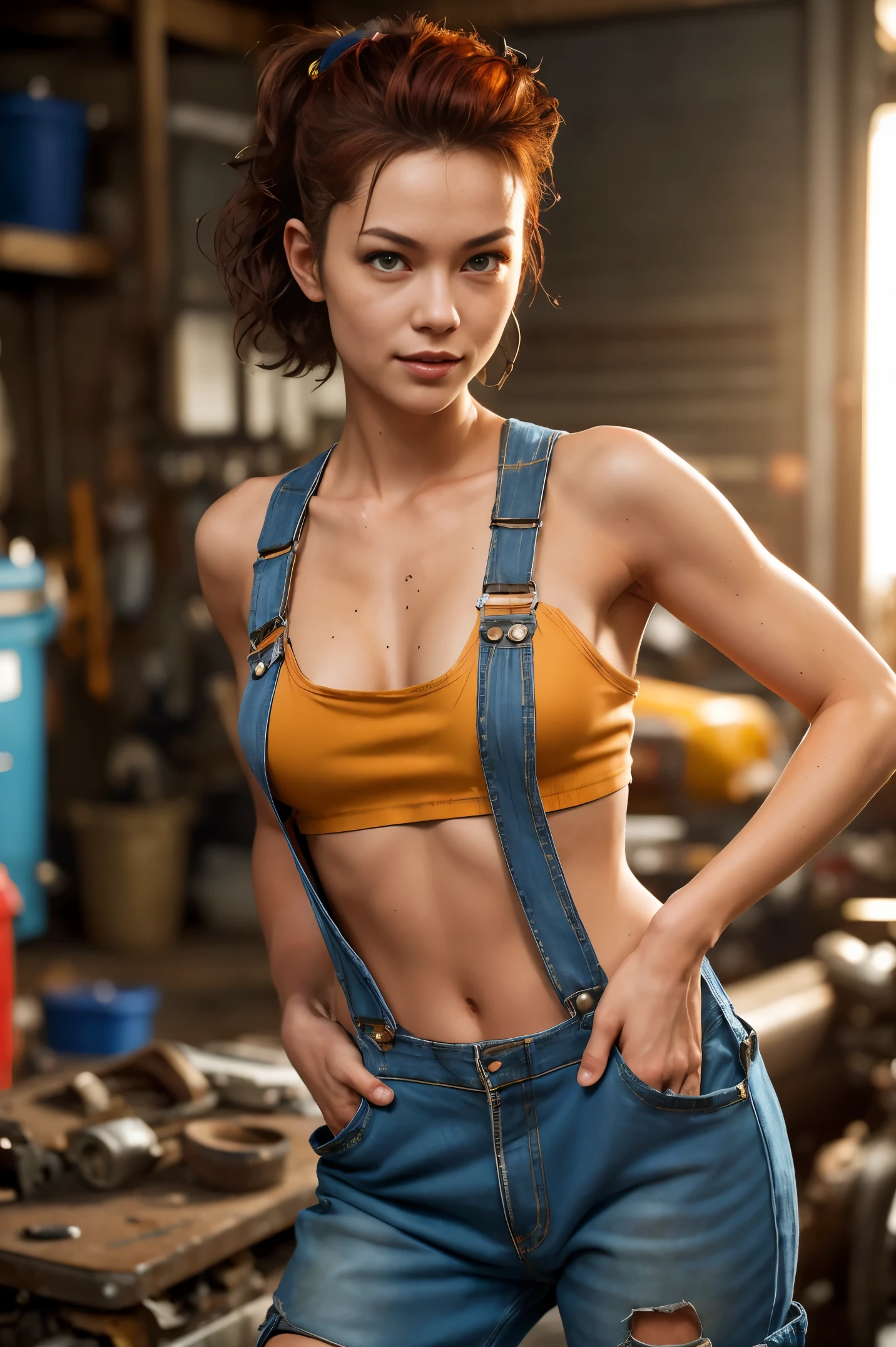 A sexy female mechanic, sexy torn mechanic overalls, topless, bare midriff, pin-up aesthetic, high detail face, high detail skin, 8, HDR, high resolution, photo-realistic, cinematic lighting, depth of field, bokeh, rim lighting, backlit, cool colours, night