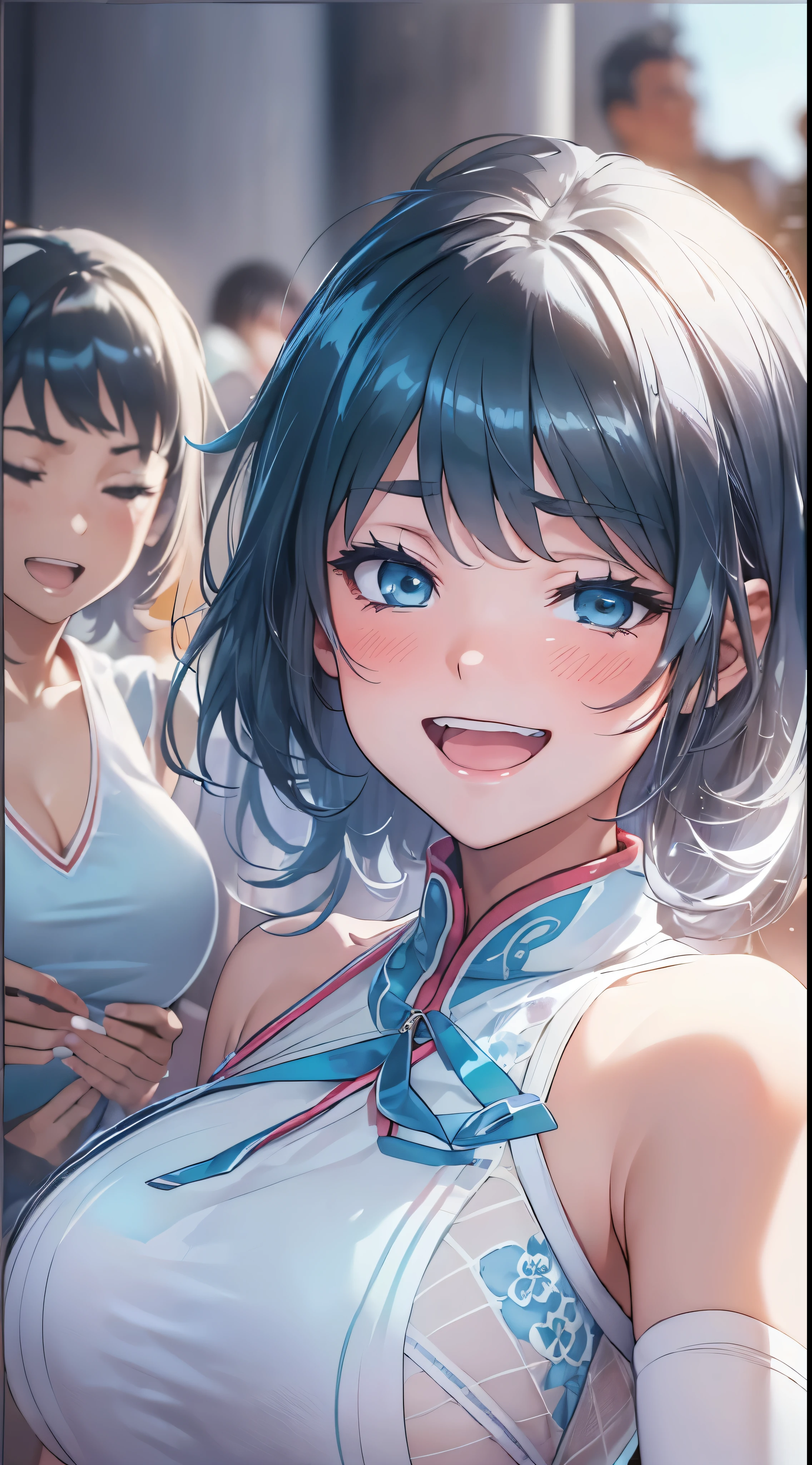 1womanl,Black hair,14years ,(()),Beautiful breasts,(((sexy white and blue shiny cheongsam)))(())(((Blushing cheeks、Smile with open mouth)),(((Satin Narico))),((( portlate))),Crowds,white and blue cheongsam