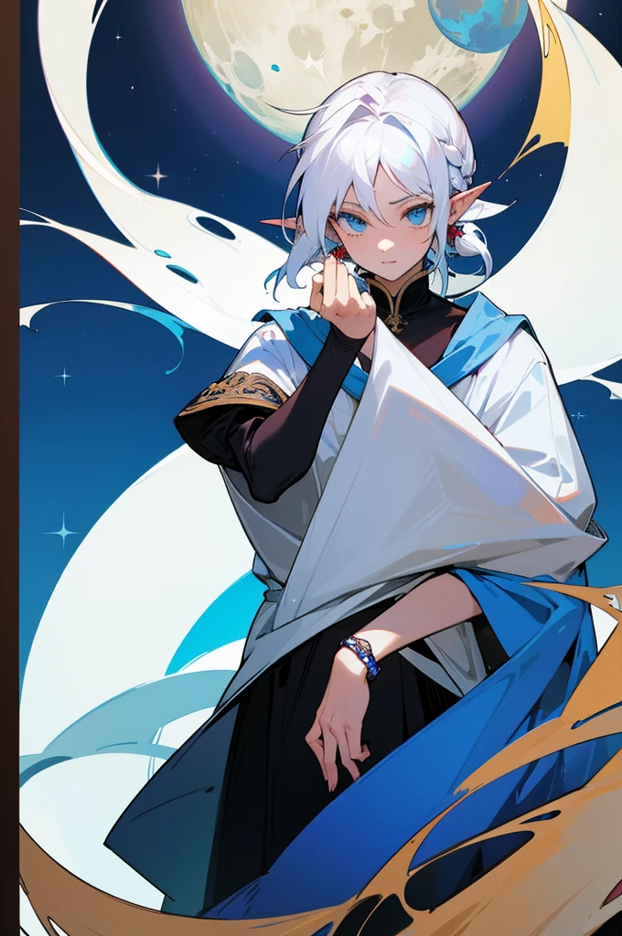 Pointed ears, White hair, Clothes a mantle with white colors, the mantle adorned with the color blue, a bracelet, holding a bow in his hand, The cloth is the moon, A face