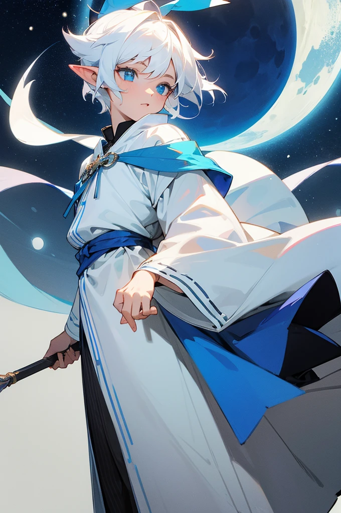 Pointed ears, White hair, Clothes a mantle with white colors, the mantle adorned with the color blue, a bracelet, holding a bow in his hand, The cloth is the moon, A face